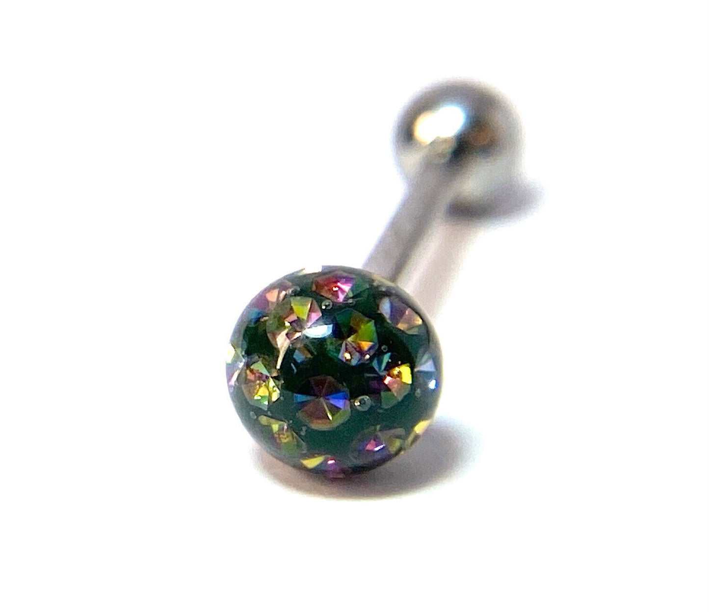 1pc Epoxy Coated Crystal Paved Ball Internally Threaded 16g Tongue Ring Barbell (Color: Vitrail Medium)