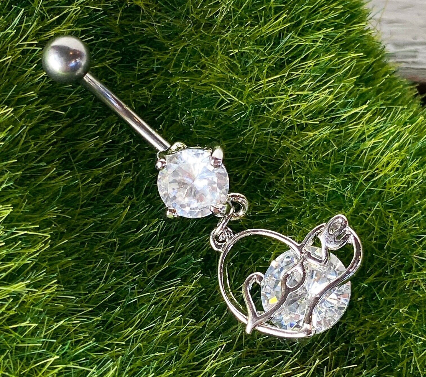 LOVE Heart CZ Gem Belly Ring Pierced Navel Solitaire 14g Clear, Pink, Purple (Color: Clear)