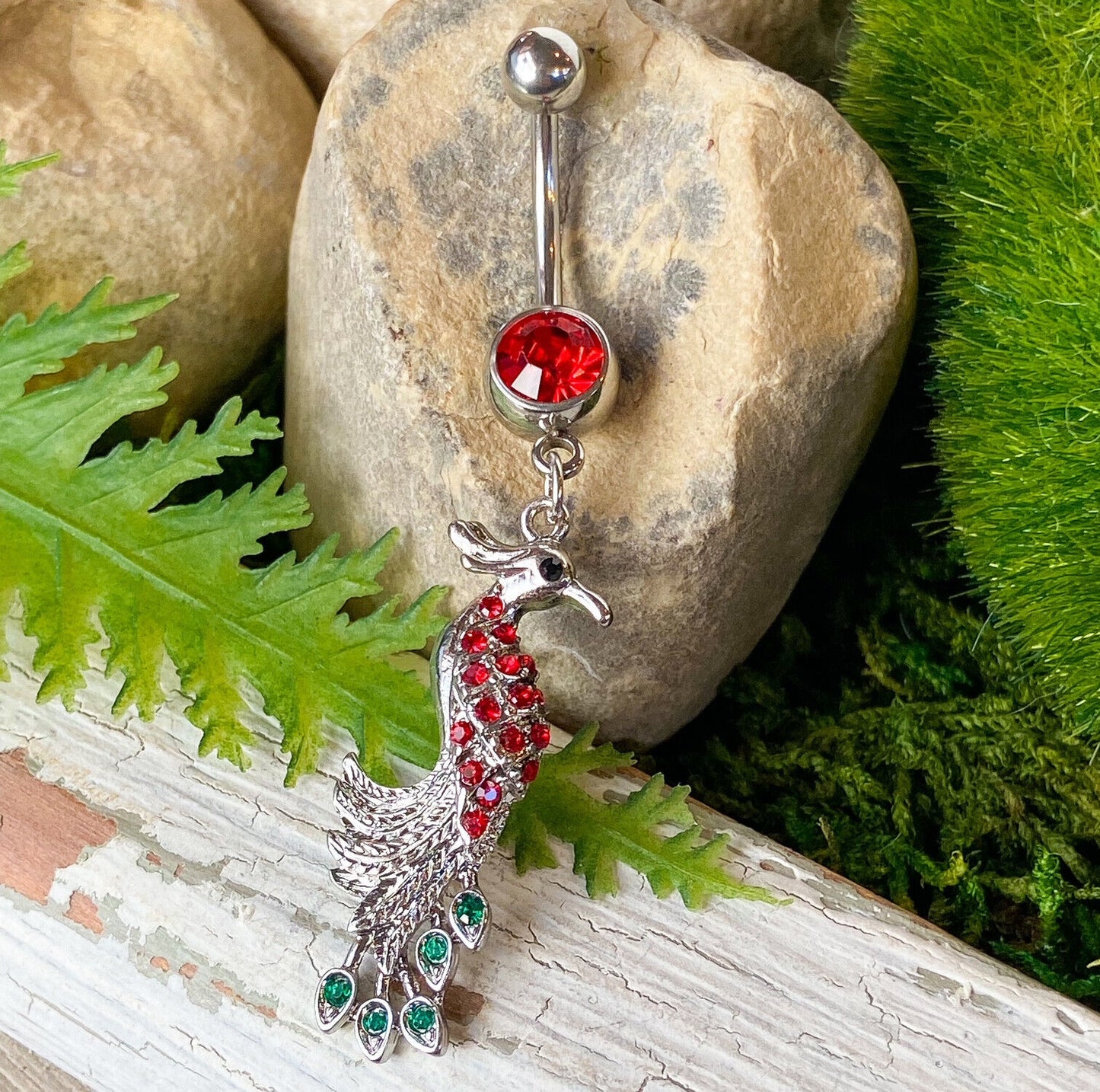 Bird Charm Red & Green Gems Belly Ring Navel Piercing Pierced Naval