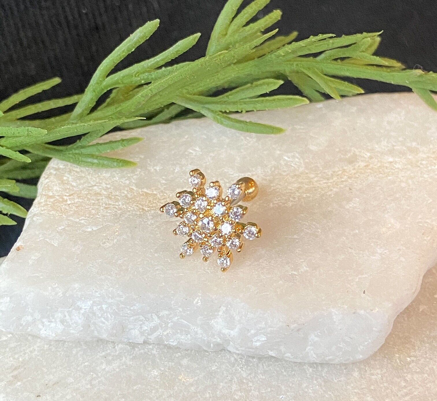 1pc CZ Gem Paved Snowflake Snow Flake Tragus Cartilage Barbell Ring 16g 1/4" (Color: Gold)