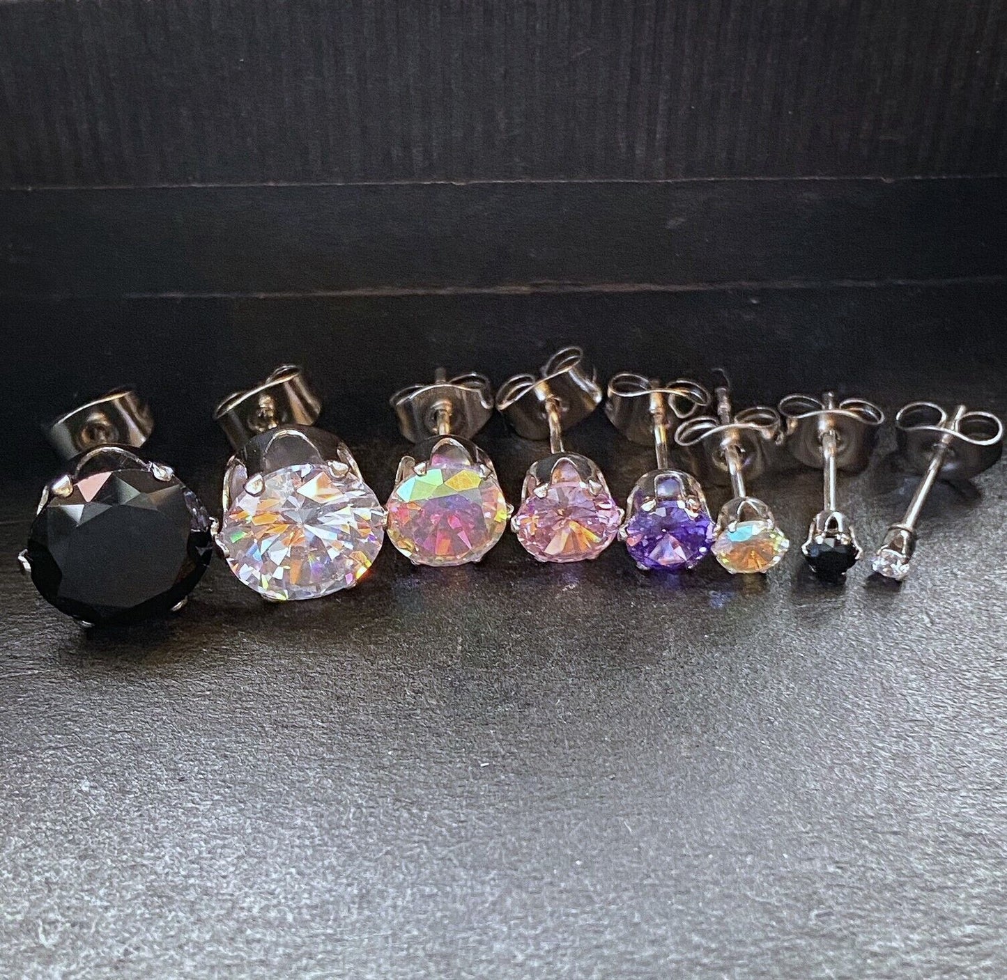 PAIR Black Ion Plated Stud Earrings Prong Set Round Clear Gem 316L Steel