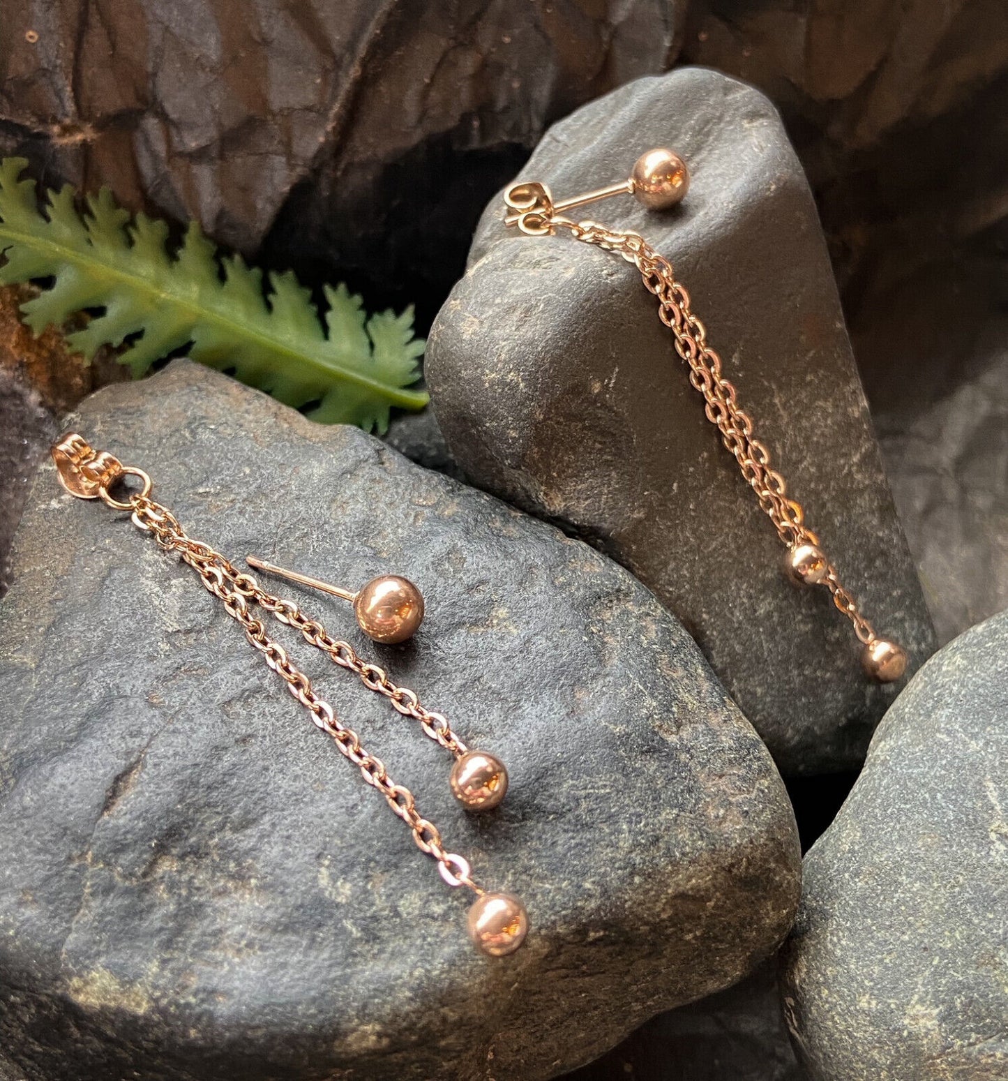 PAIR of Two Chain Free Falling Steel Balls IP Stainless Steel 20g Earrings (Color: Rose Gold)