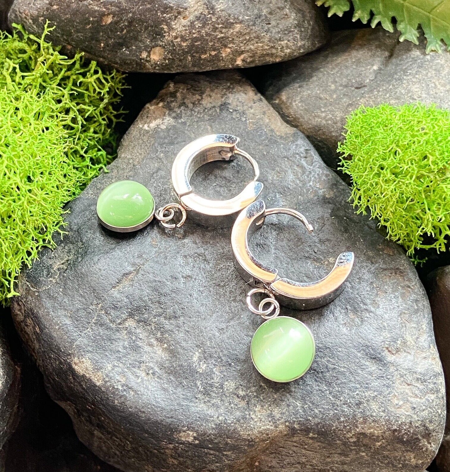PAIR of Hinged Hoop Earrings Semi-Precious Stone Dangle 20g 316L Stainless Steel (Dangle Stone: Jade Green Adventurine)