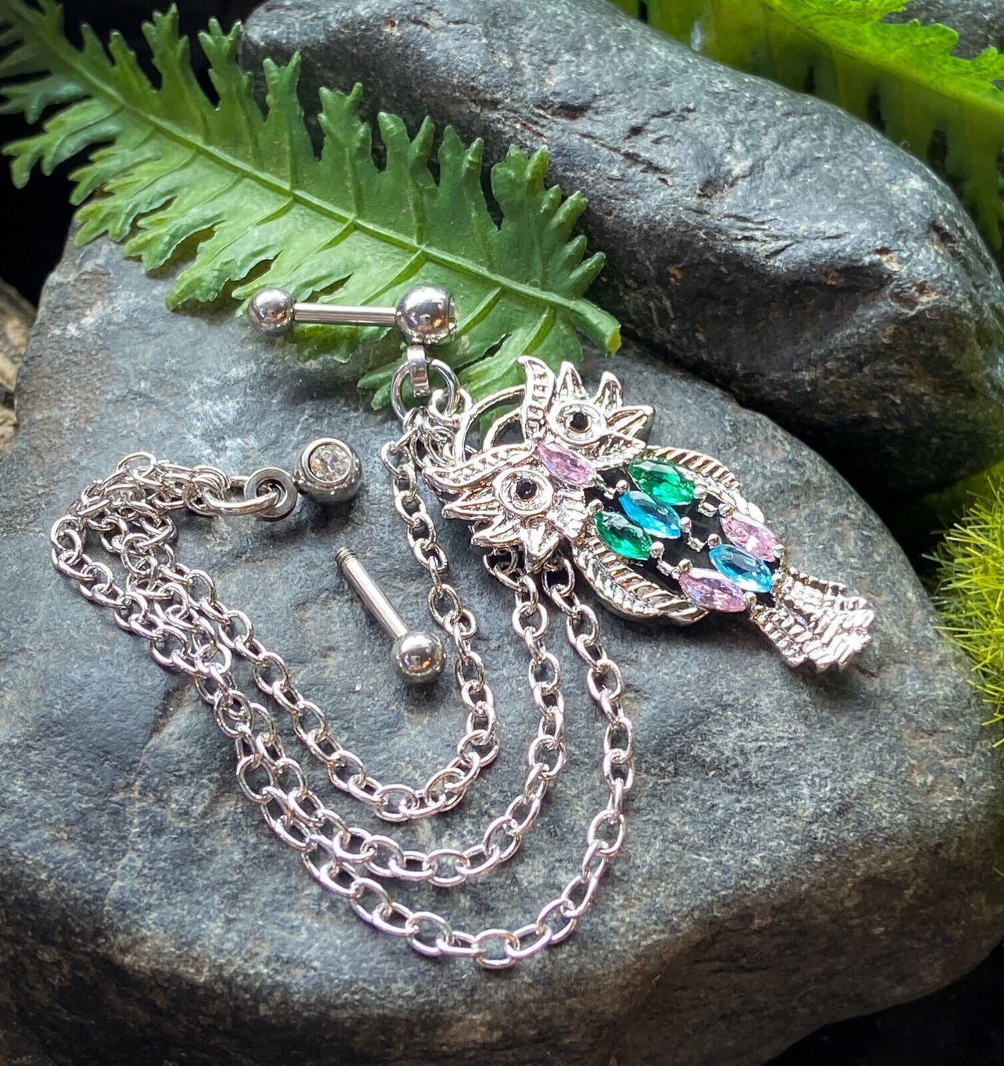 Steel Chain Linked Marquise Gemmed Owl Cartilage Tragus Helix Barbell Jewelry