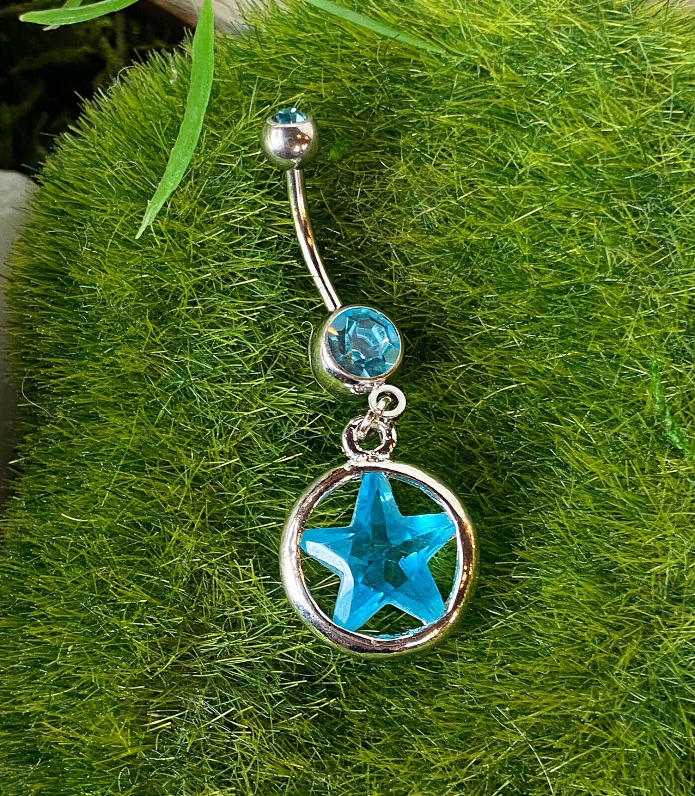 1pc Shining Star Circle CZ Gem Dangle Belly Ring Navel Piercing Pierced Naval (Color: Aqua)