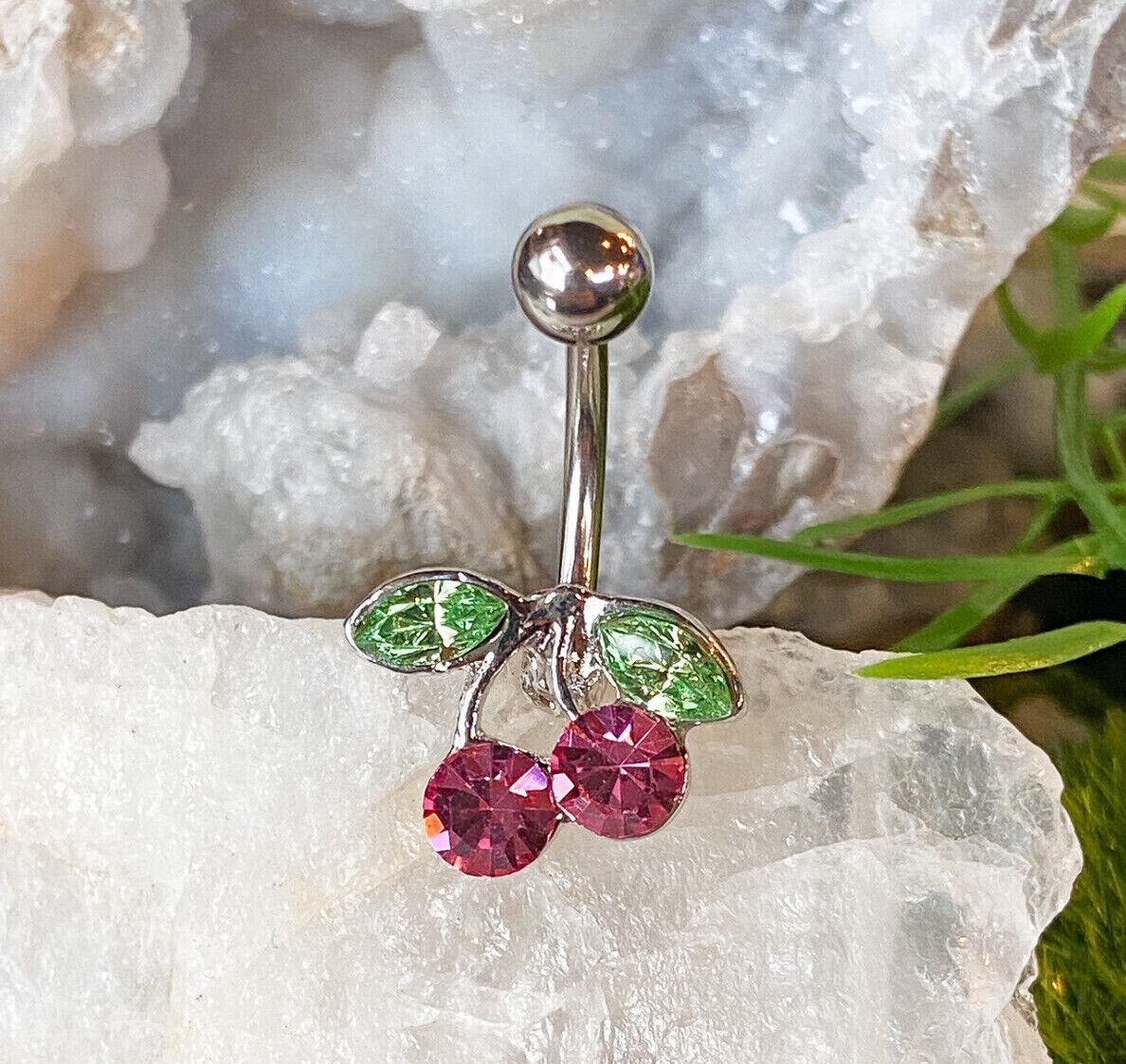 1pc Cherry CZ Gem Belly Ring Navel Piercing Pierced Naval Cherries Body Jewelry (Color: Pink)