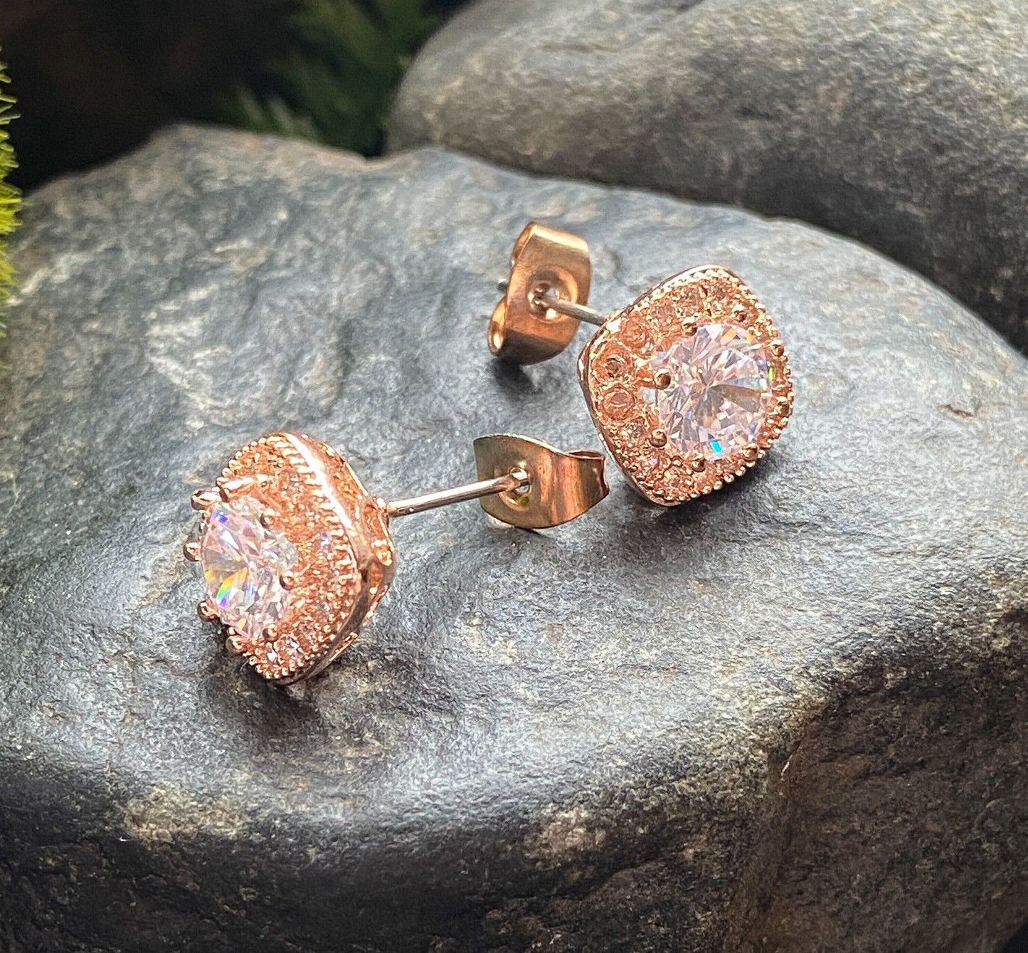 PAIR of Large Round CZ Centered Square 316L Surgical Steel 20g Earrings (Color: Rose Gold)