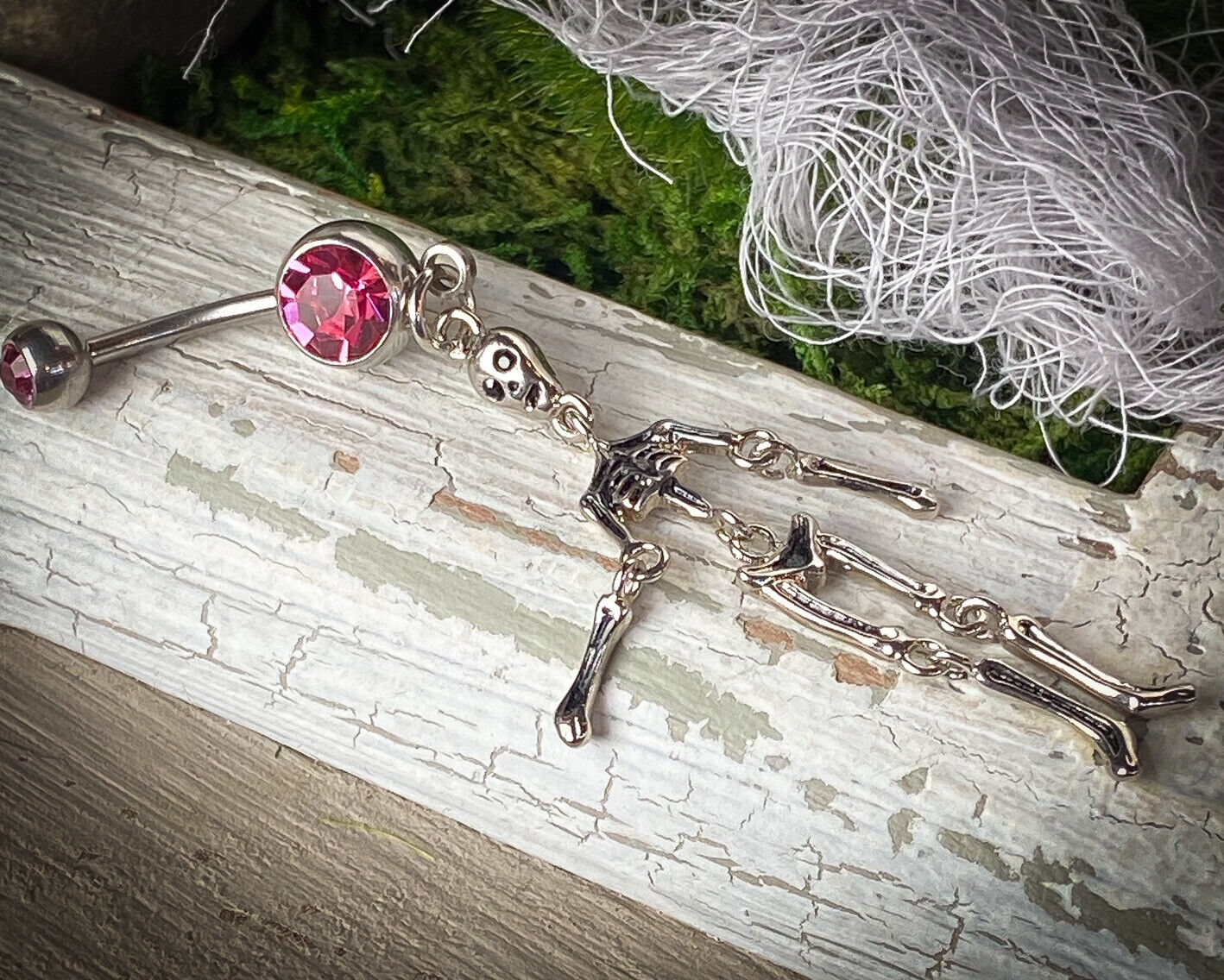 Skeleton Dangle Belly Ring Navel Piercing Pierced Naval Pink CZ Gem
