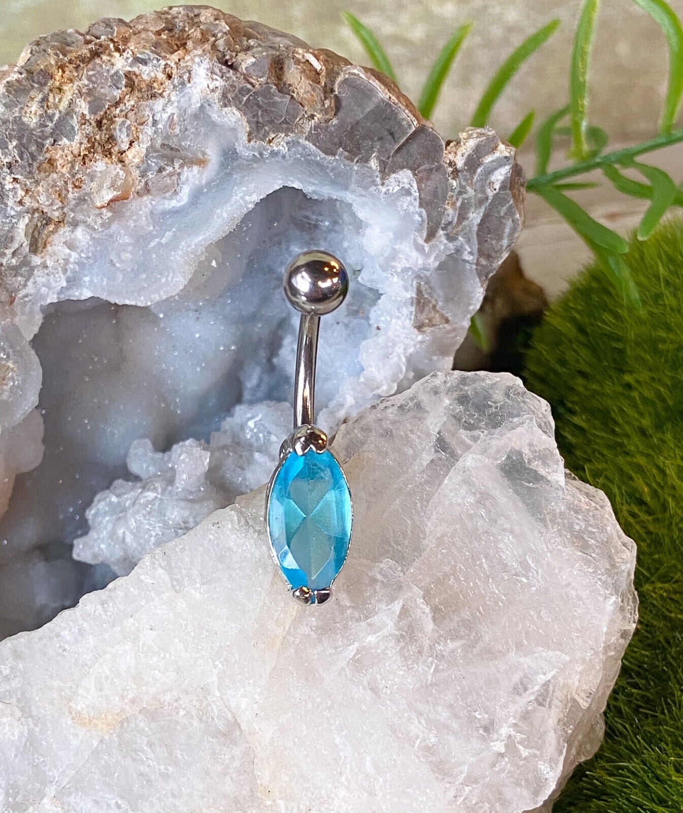 1pc Marquise Gem Solitaire Belly Ring Navel Piercing Pierced Naval Body Jewelry (Color: Aqua)