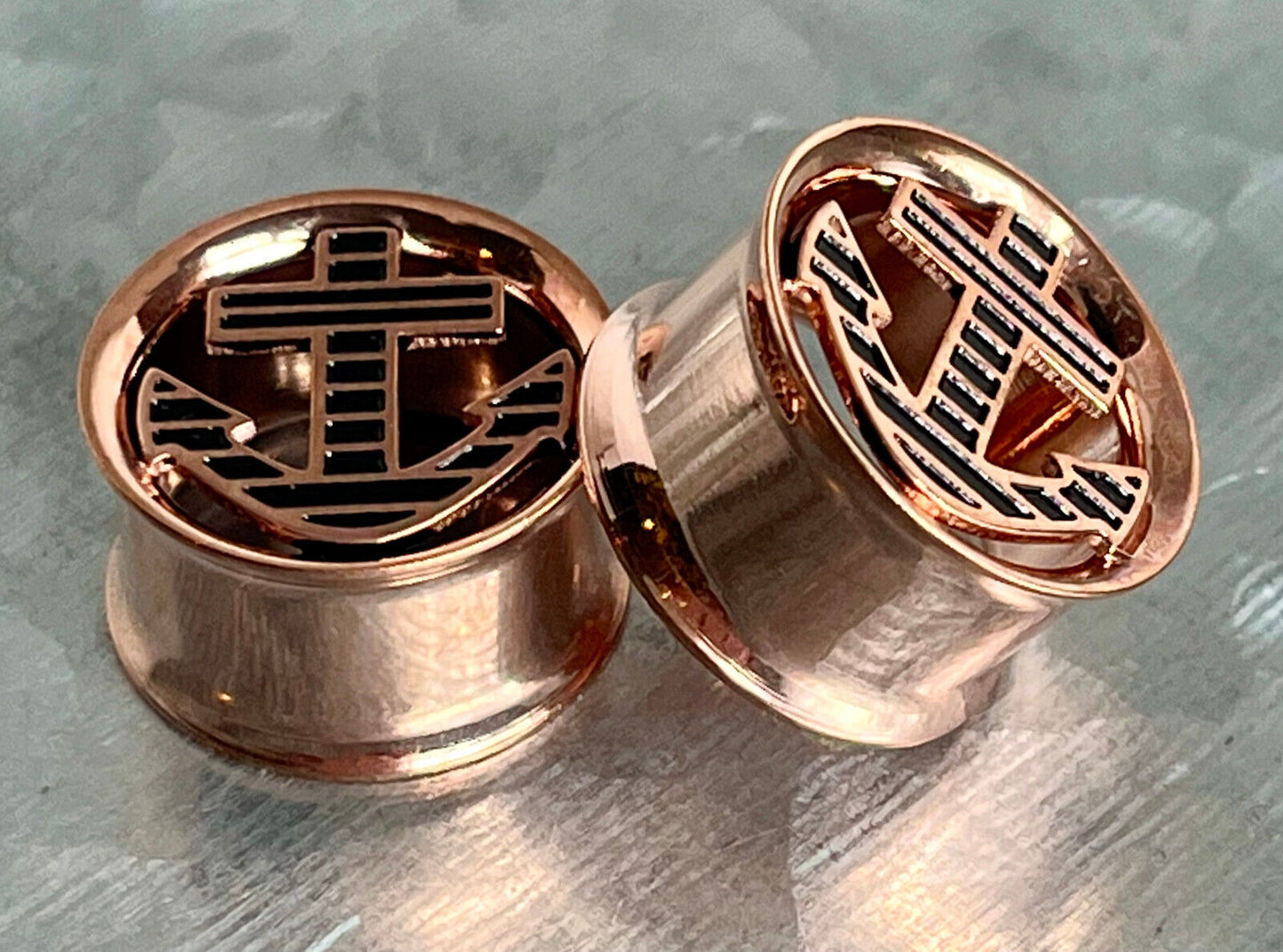 PAIR Anchor Rose Gold Plated Double Flare Tunnels Plugs Earlets Gauges