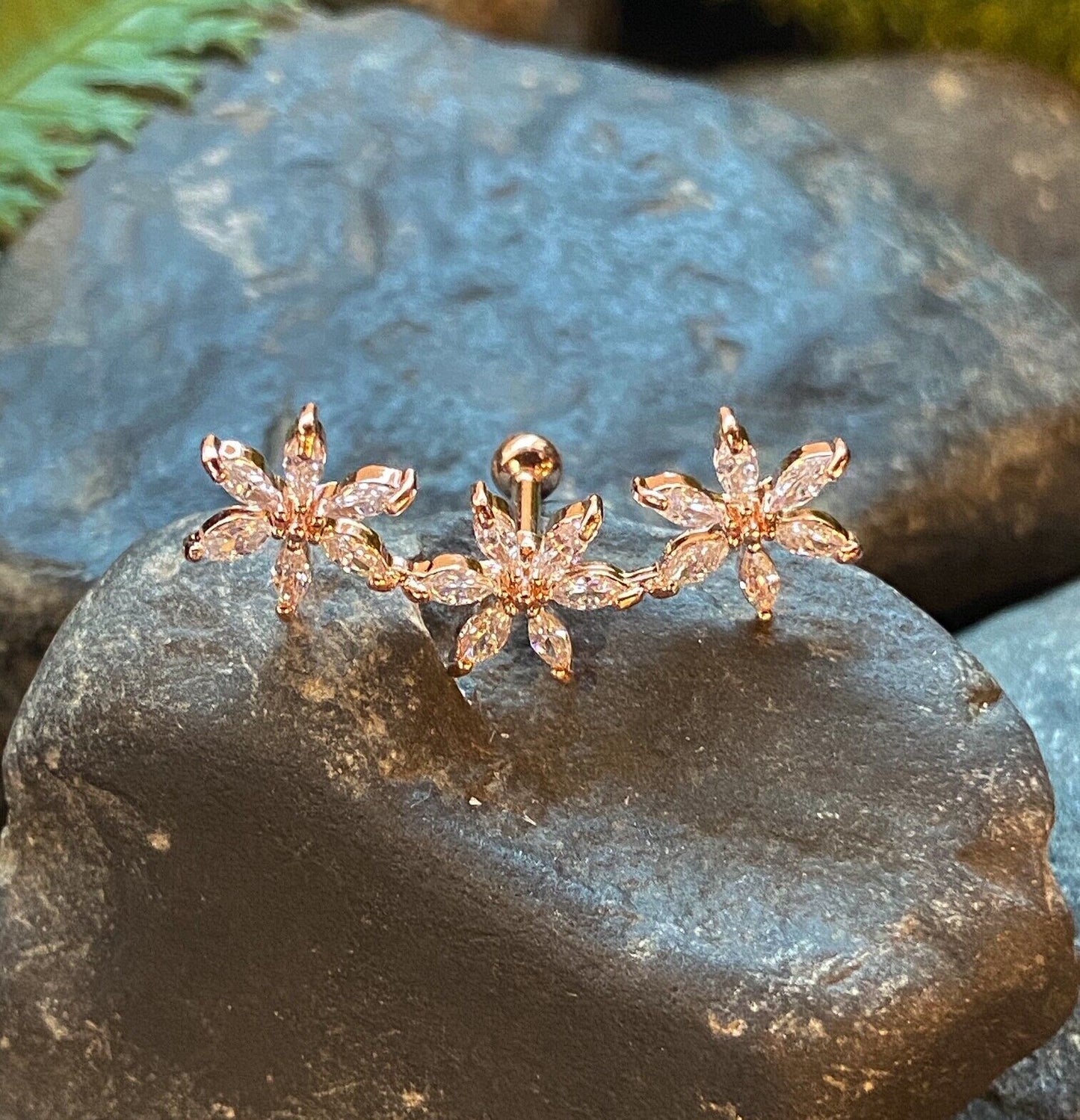 1pc Marquise CZ Gem Flowers Curve Helix Barbell Tragus Cartilage Ring 16g 1/4" (Color: Rose Gold)