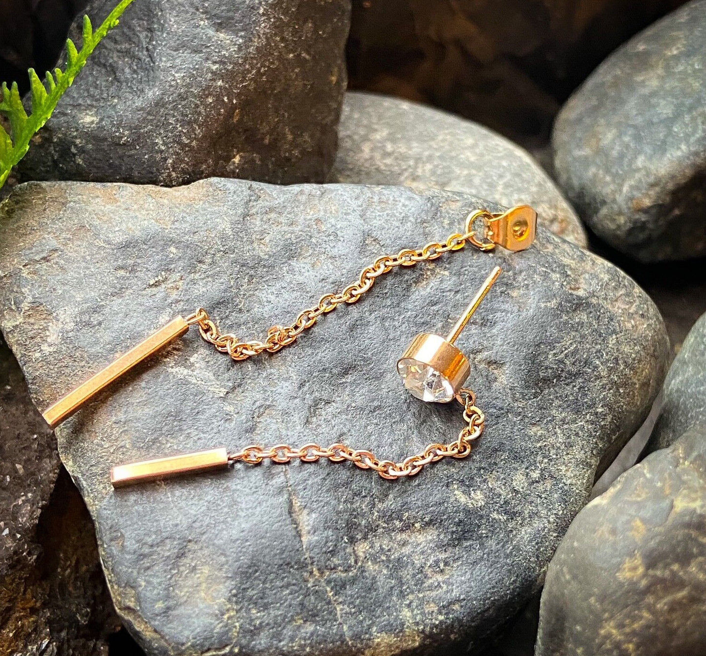 PAIR of 6mm Bezel Set Gem w/Double Bar Chains Free Falling 20g Earring Studs (Color: Rose Gold)