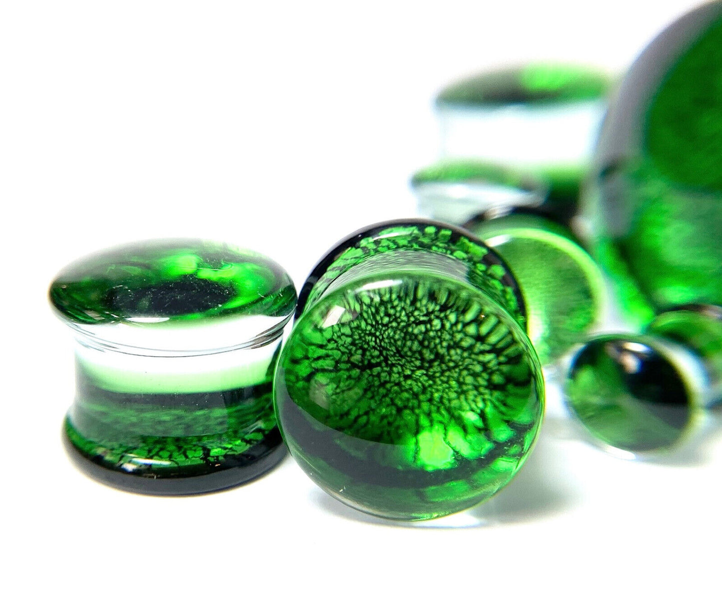 PAIR Green & Black Fracture Design Glass Plugs Double Flare Gauge Body Jewelry