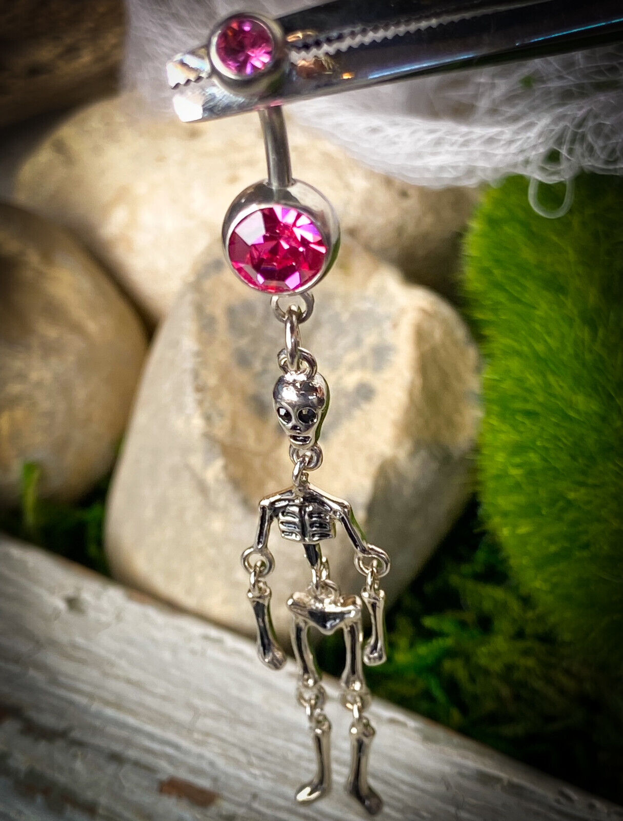 Skeleton Dangle Belly Ring Navel Piercing Pierced Naval Pink CZ Gem