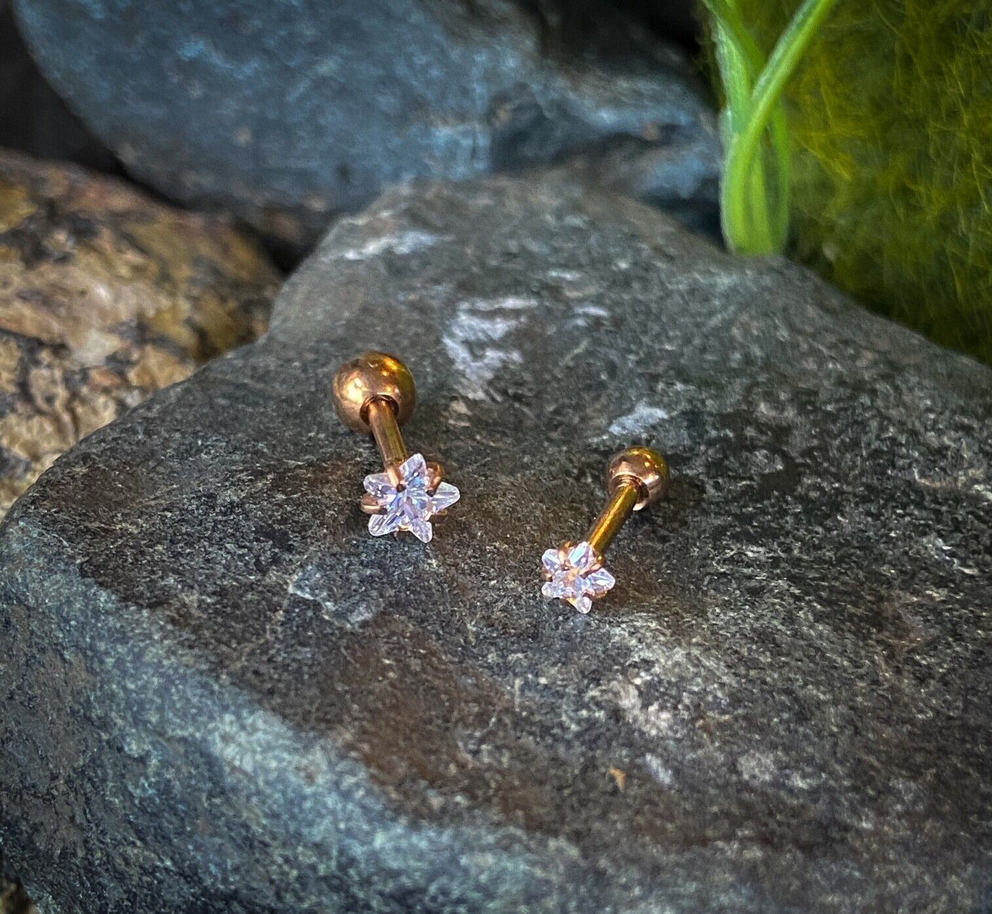 1pc Star CZ Gem Ion Plated Tragus Stud Helix Cartilage Ring Earring 1/4" 16g (Color: Rose Gold)