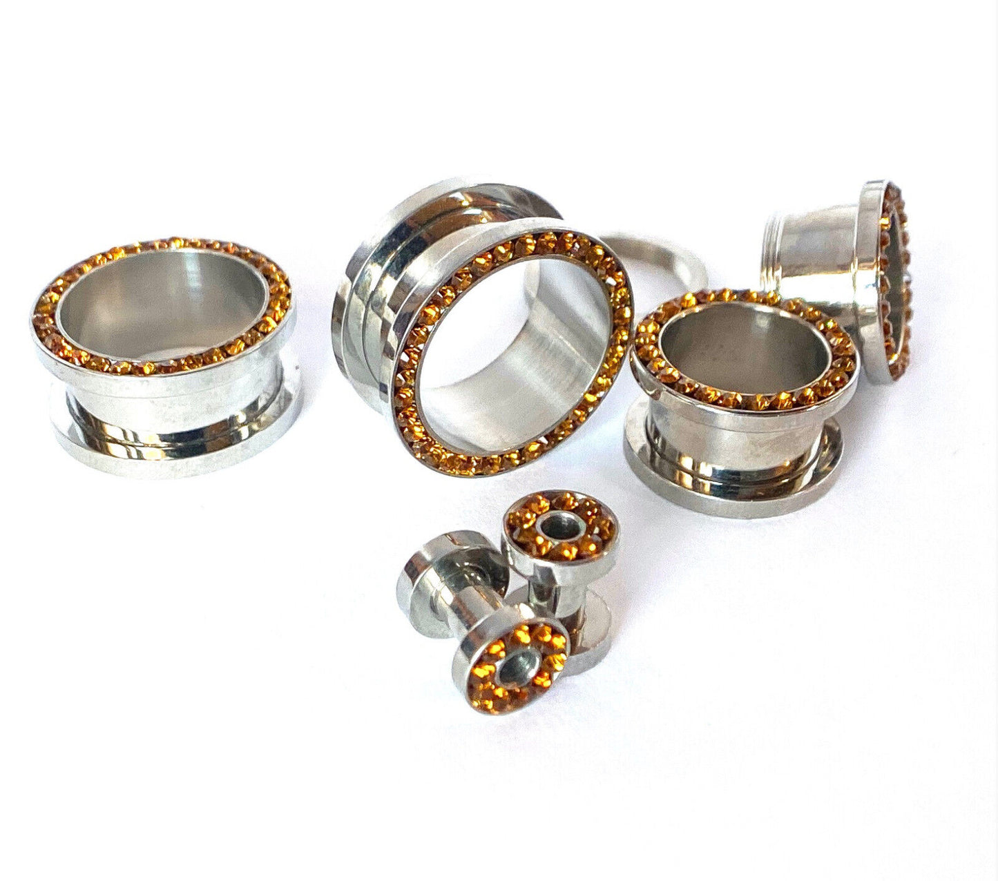 PAIR Topaz CZ Gem Rimmed 316L Surgical Steel Screw Fit Tunnels Plugs Gauges