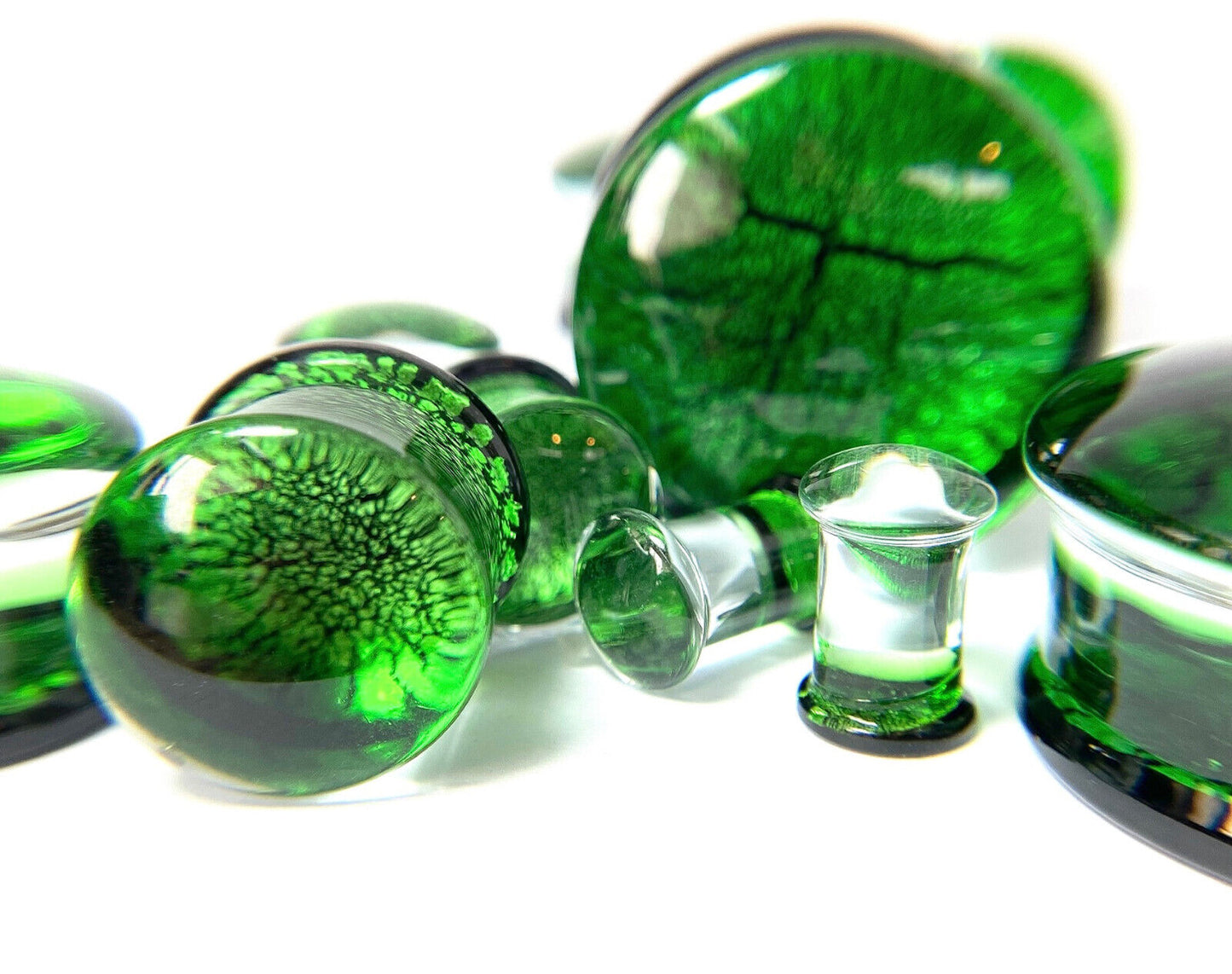 PAIR Green & Black Fracture Design Glass Plugs Double Flare Gauge Body Jewelry