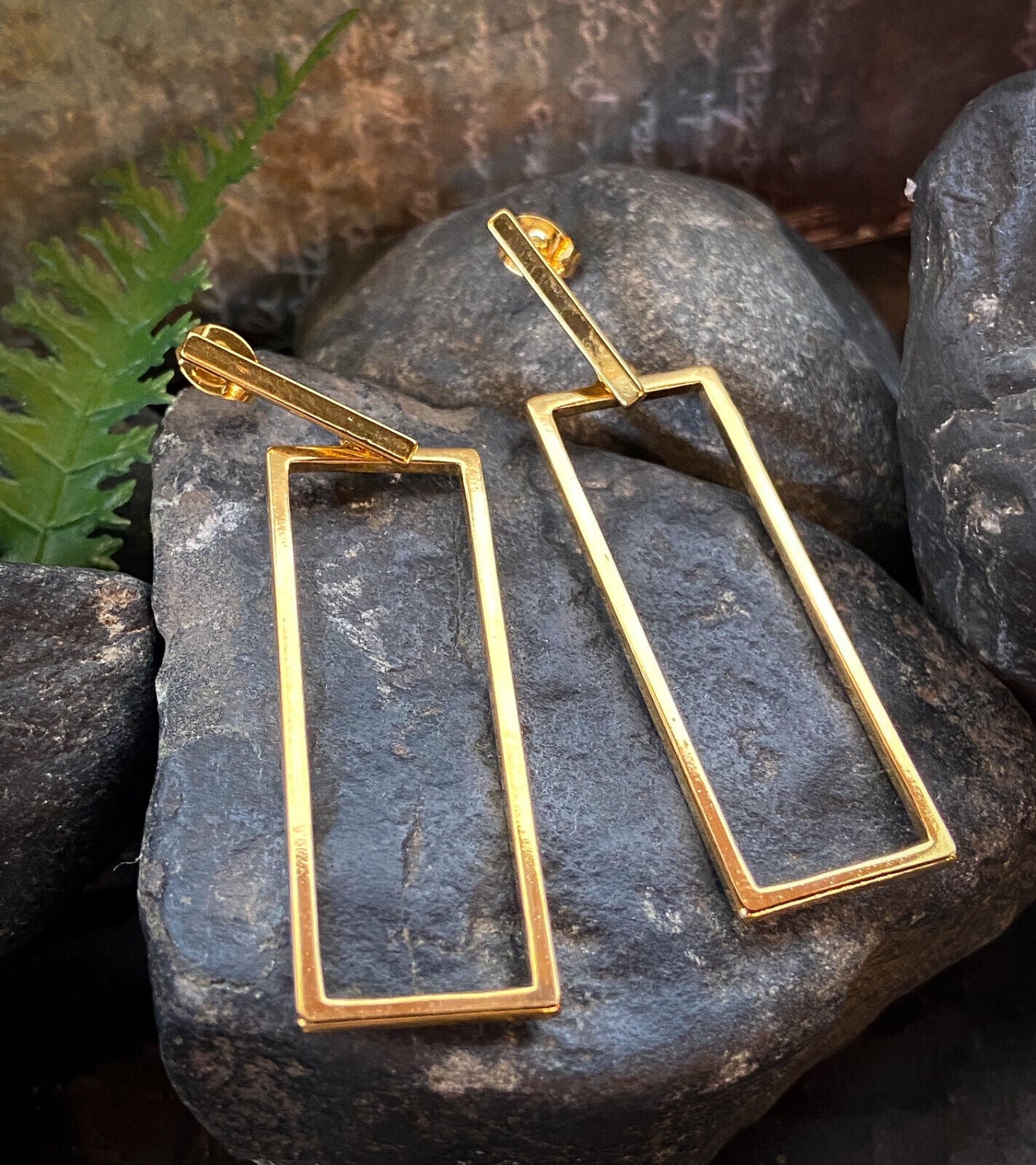 PAIR of Bar & Rectangle Dangle 20g Earrings Studs Stainless Steel (Color: Gold)