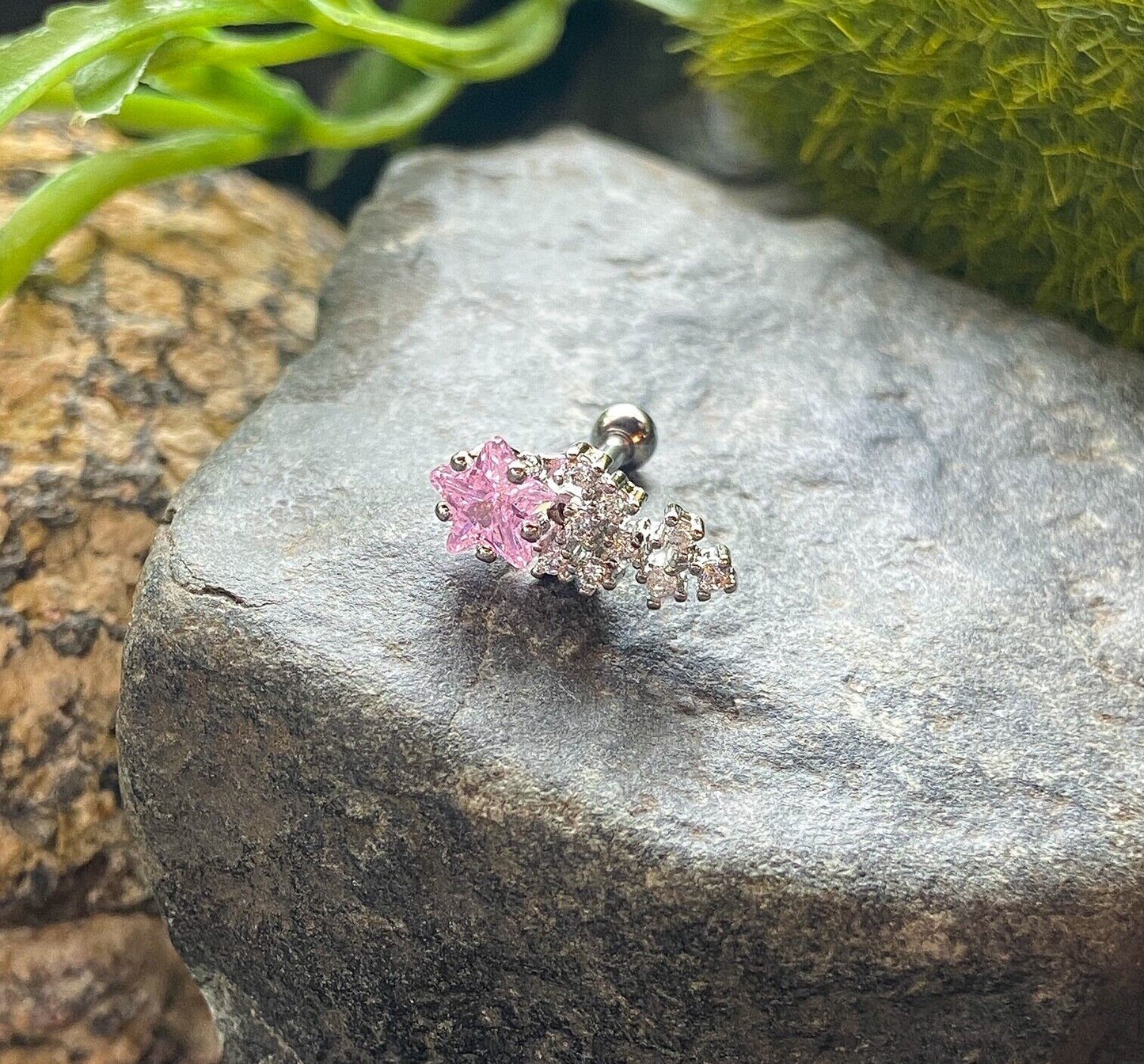 1pc CZ Clustered Shooting Star Tragus Helix Cartilage Ring 16g 1/4" (Gem Color: Pink)