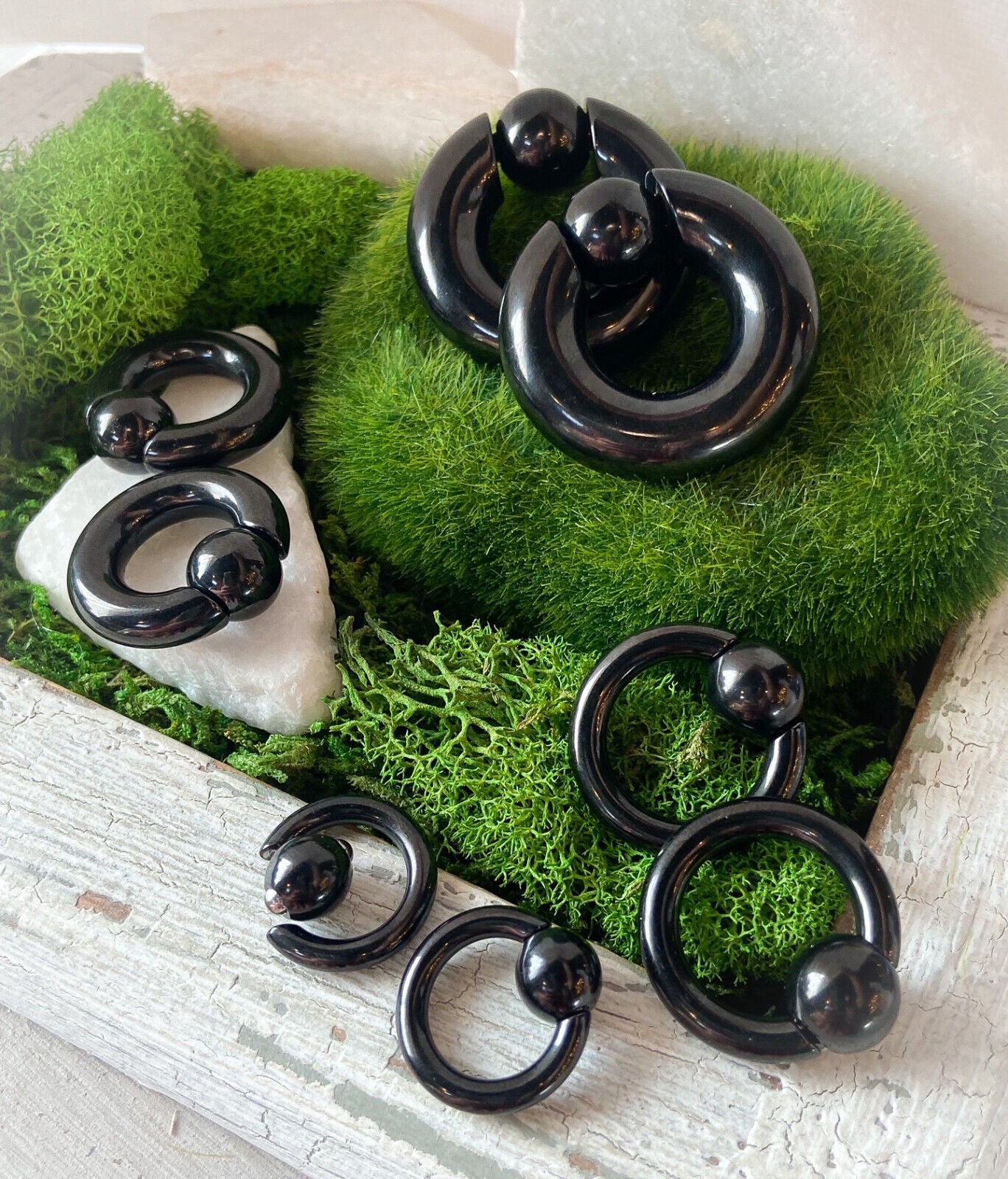 PAIR Black Plated Surgical Steel Spring-Loaded Captive Bead Rings Easy Pop Out