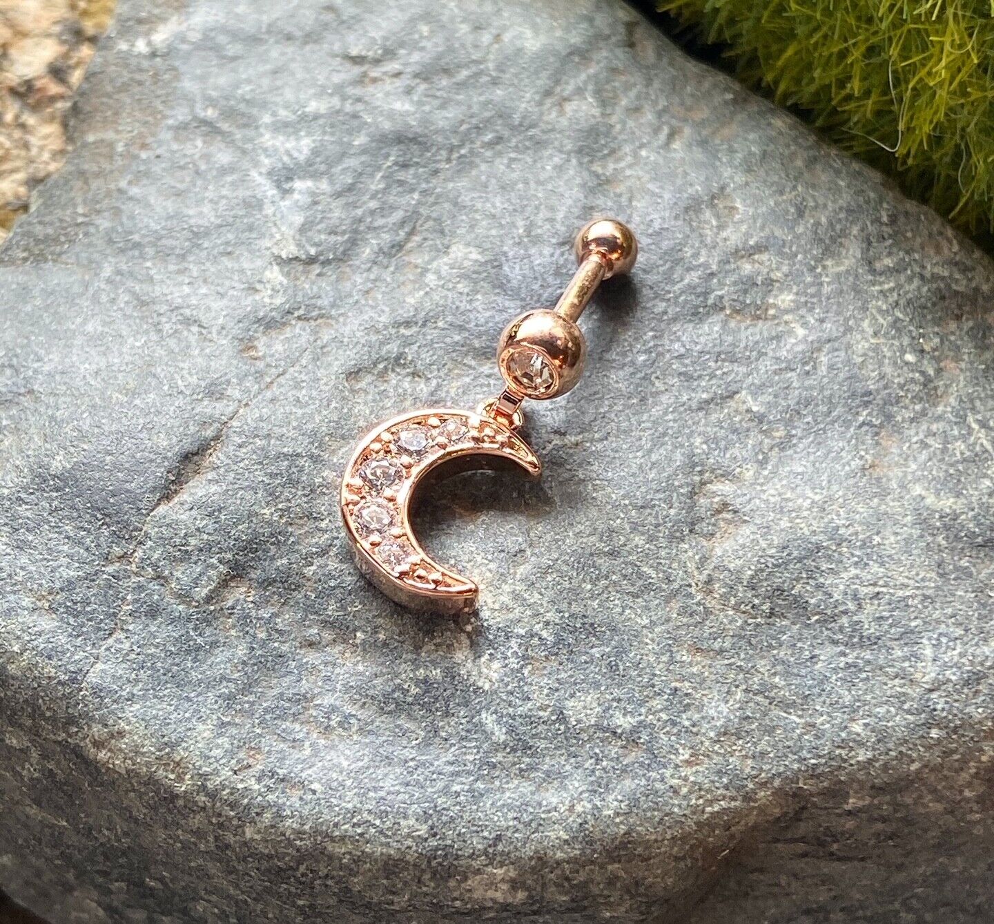 1pc CZ Gem Moon Dangle Surgical Steel Tragus Cartilage Barbell Ring 16g 1/4 (Color: Rose Gold)