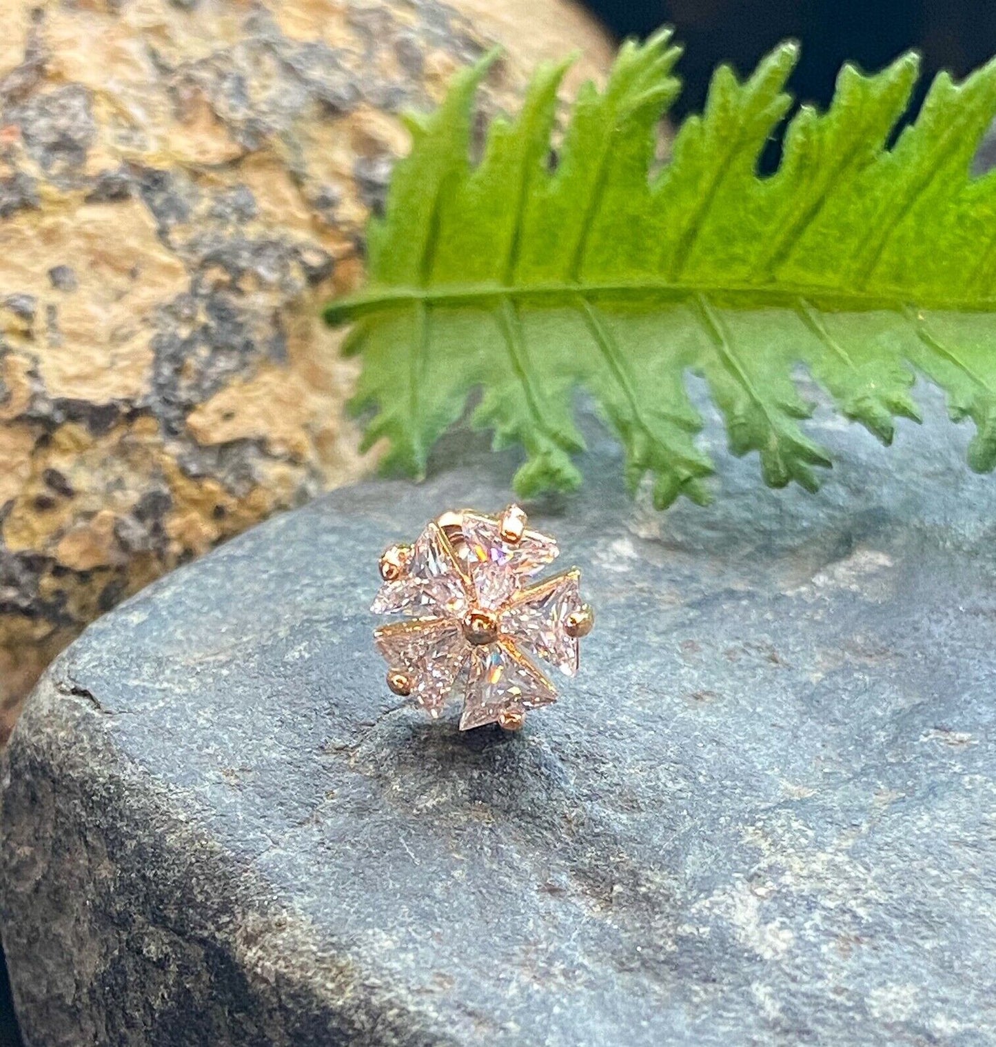 1pc Five CZ Gem Triangle Flower Steel Tragus Cartilage Barbell Ring 16g 1/4" (Color: Rose Gold)