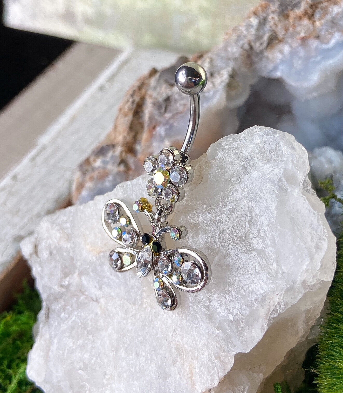 Butterfly Flower Clear AB Gem Belly Ring Navel Piercing Pierced Naval Jewelry