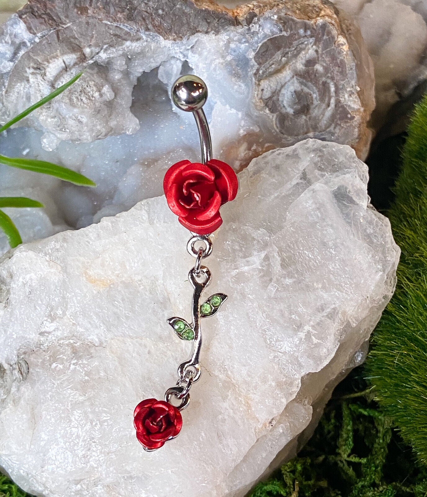 1pc Double Rose & Vine Belly Ring Navel Piercing Pierced Naval Flower Jewelry (Color: Red)