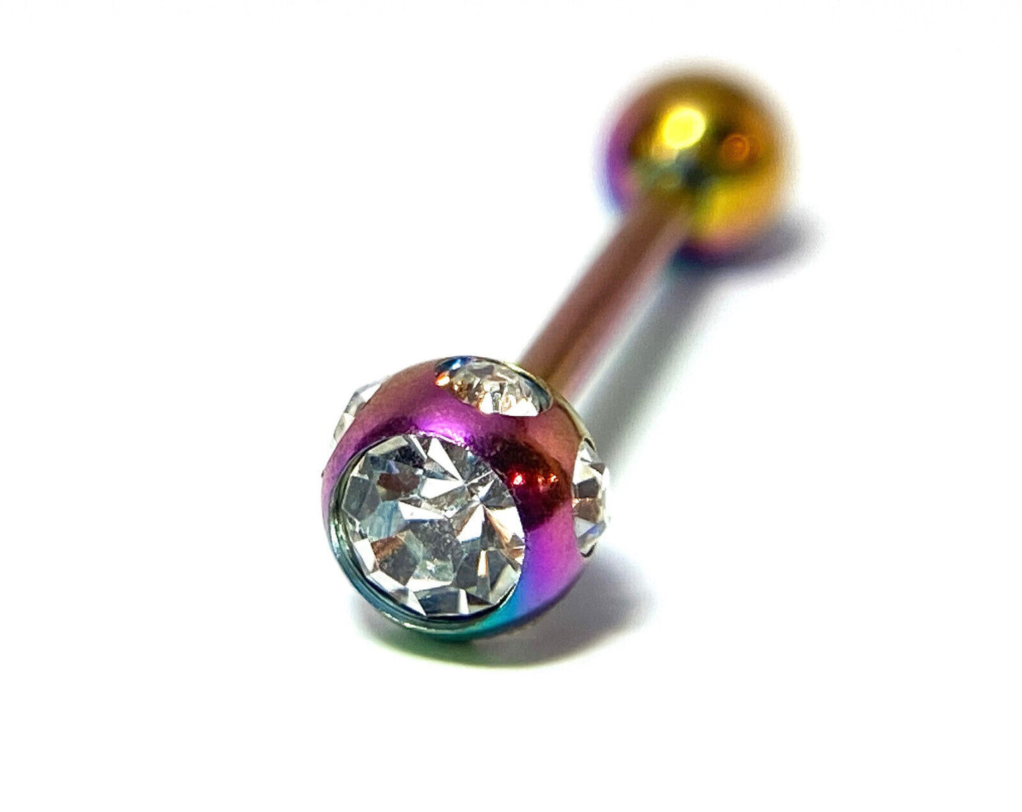 1pc Multiple Gem Set Ball Tongue Ring IP Steel Barbell Tounge 14g 5/8 (16mm) (Color: Rainbow / Clear)