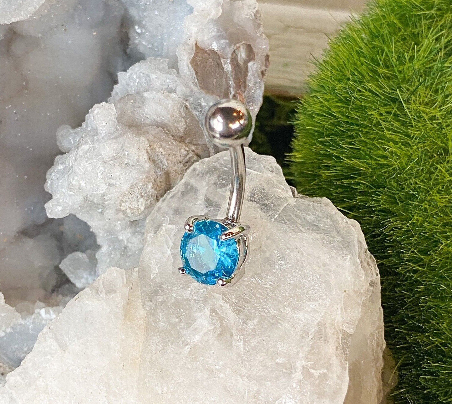 1pc Solitaire CZ Gem Belly Ring Navel Piercing Pierced Naval Body Jewelry (Color: Aqua)