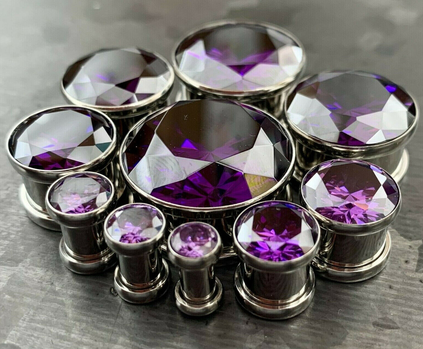 PAIR Large Purple Gem Screw Fit Tunnel Plugs Gauge Pierced Body Jewelry Piercing