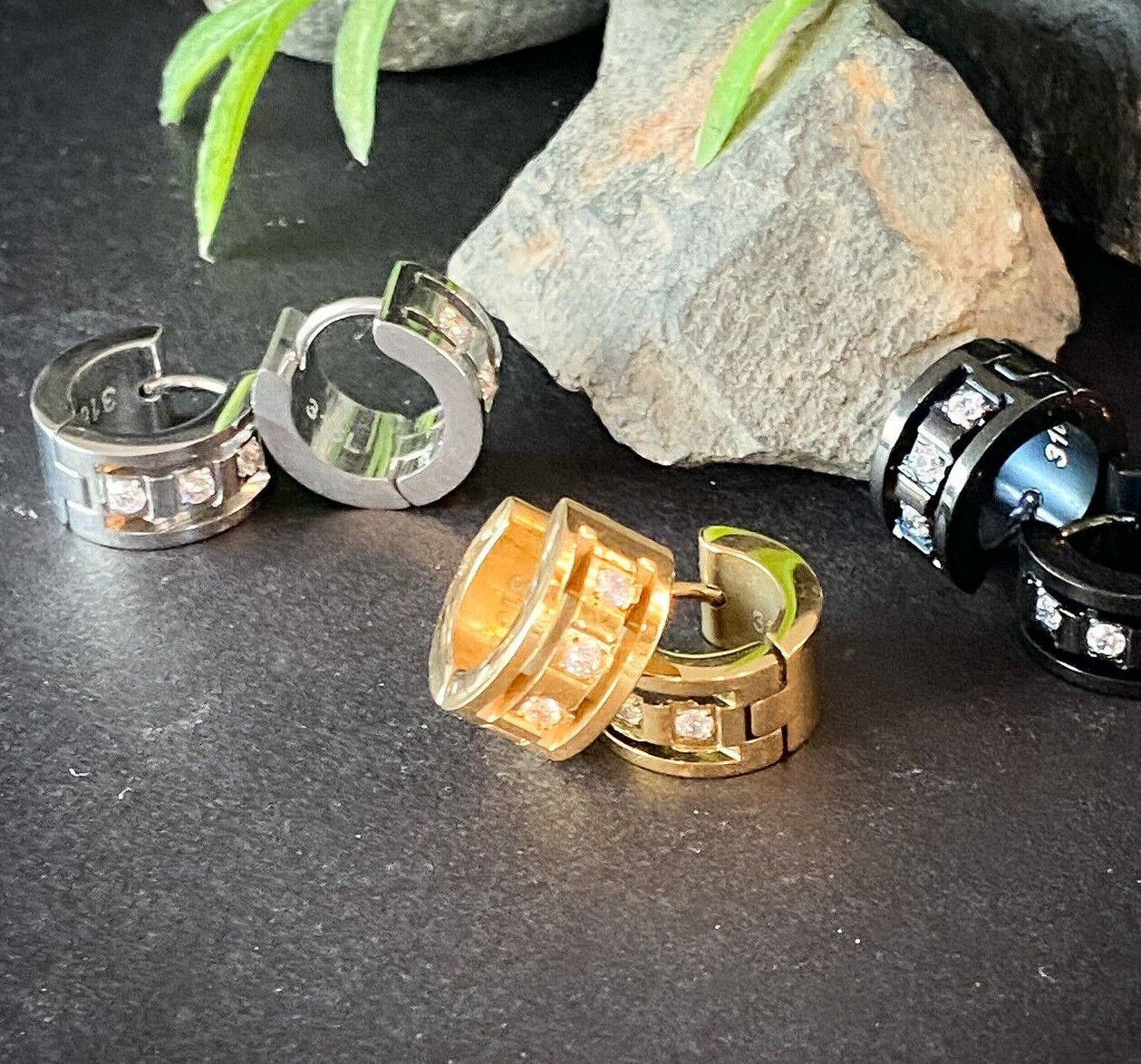 PAIR of Hoop Hinged Huggie Earrings 20g, 7mm Wide, 3 CNC Set CZ Gems