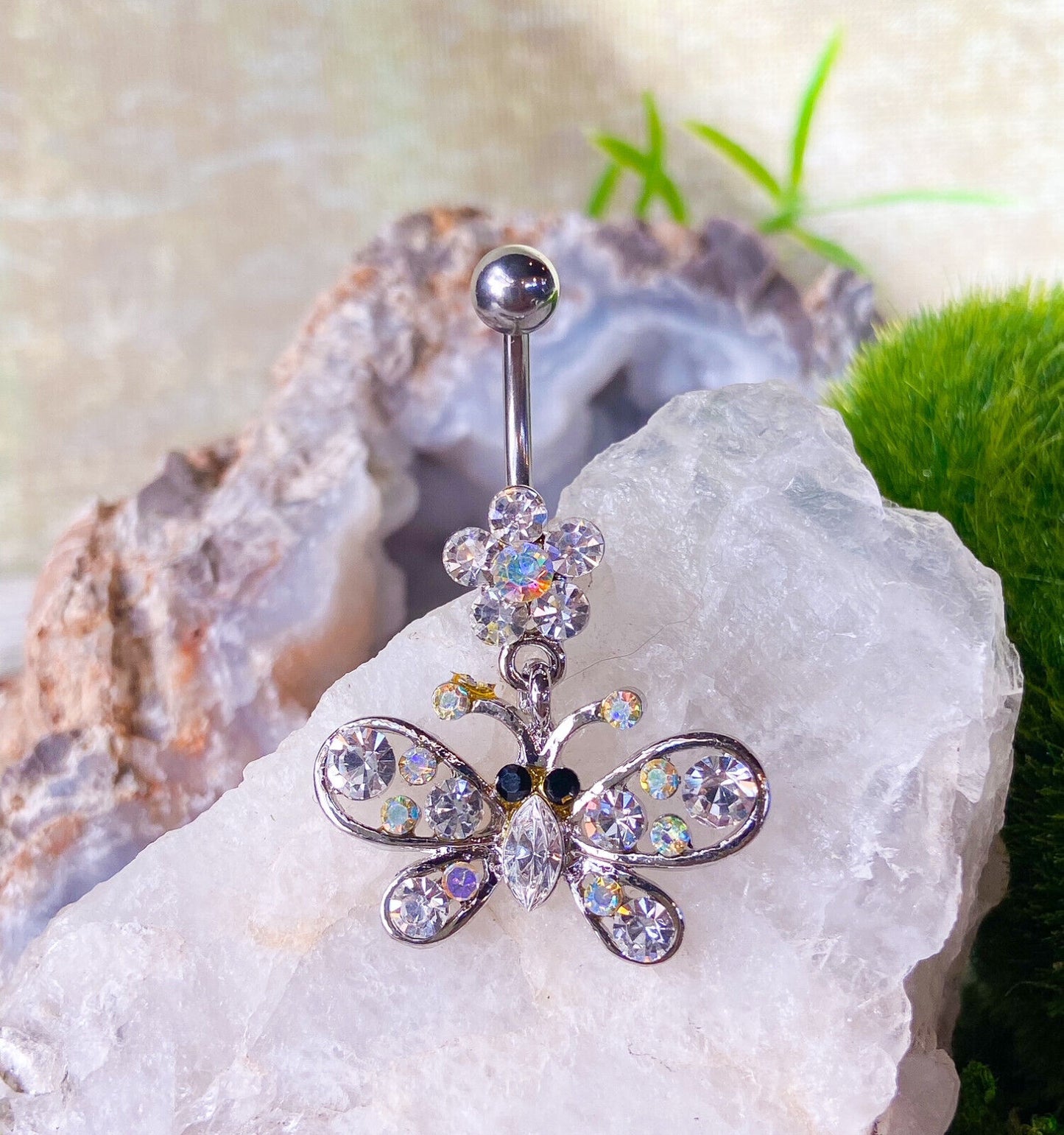 Butterfly Flower Clear AB Gem Belly Ring Navel Piercing Pierced Naval Jewelry