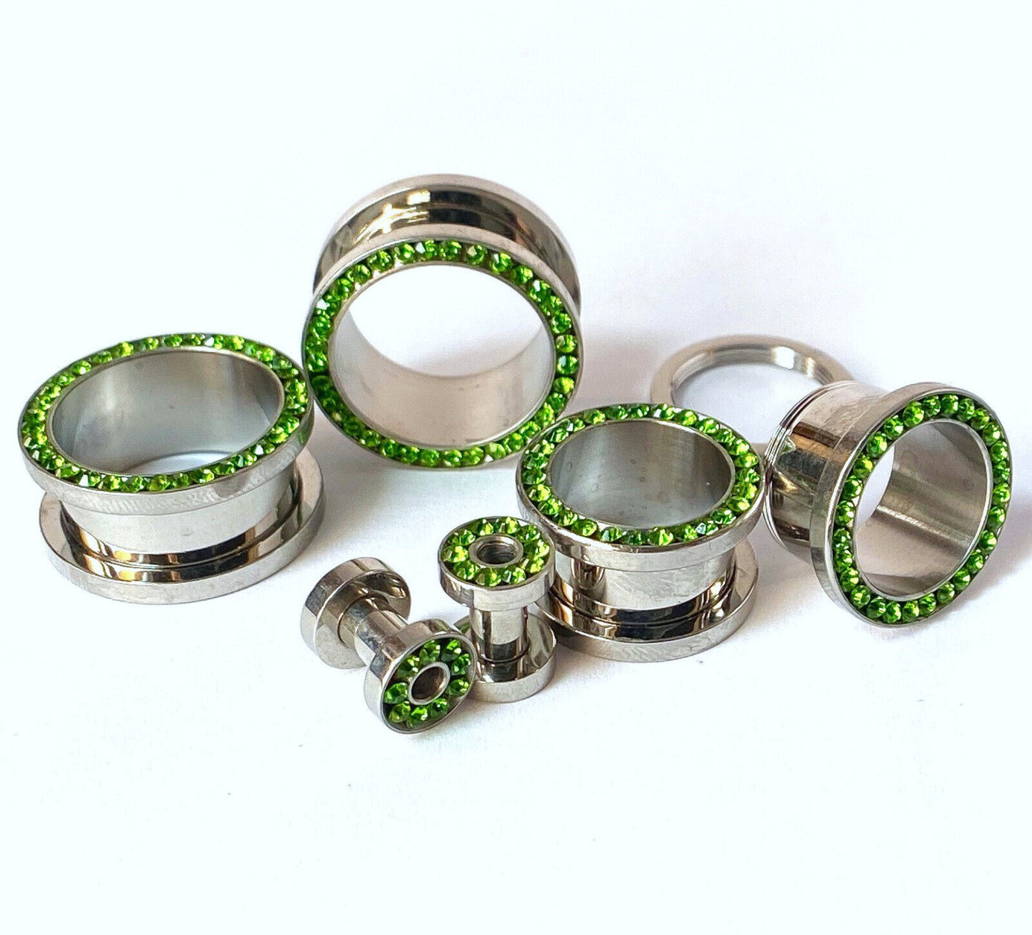 PAIR Peridot Green Gem Rimmed 316L Surgical Steel Screw Fit Tunnels Plugs Gauges