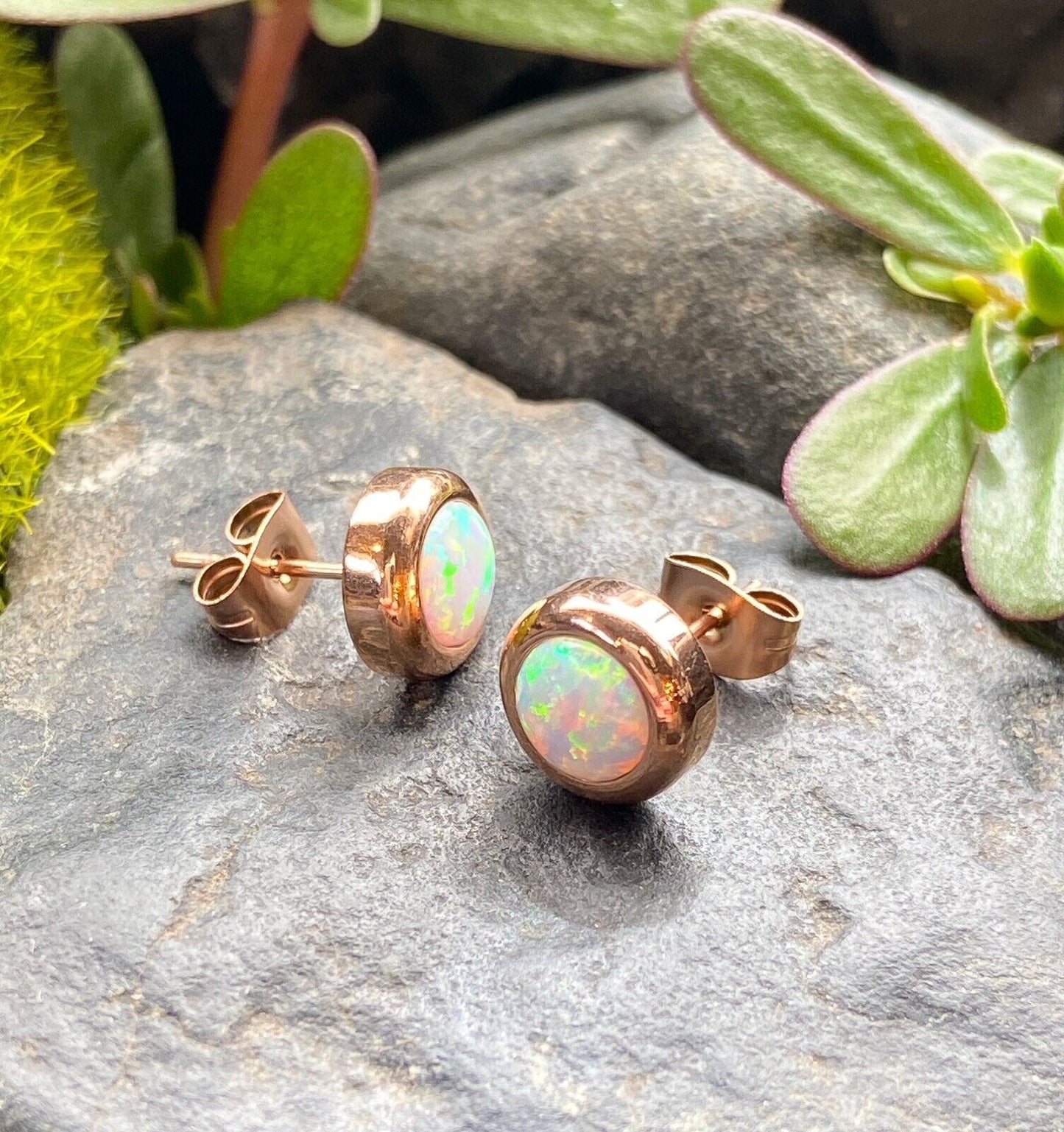 PAIR Large 6mm White Opal in 9mm Bezel Setting 316L Surgical Steel Earrings (Color: Rose Gold)