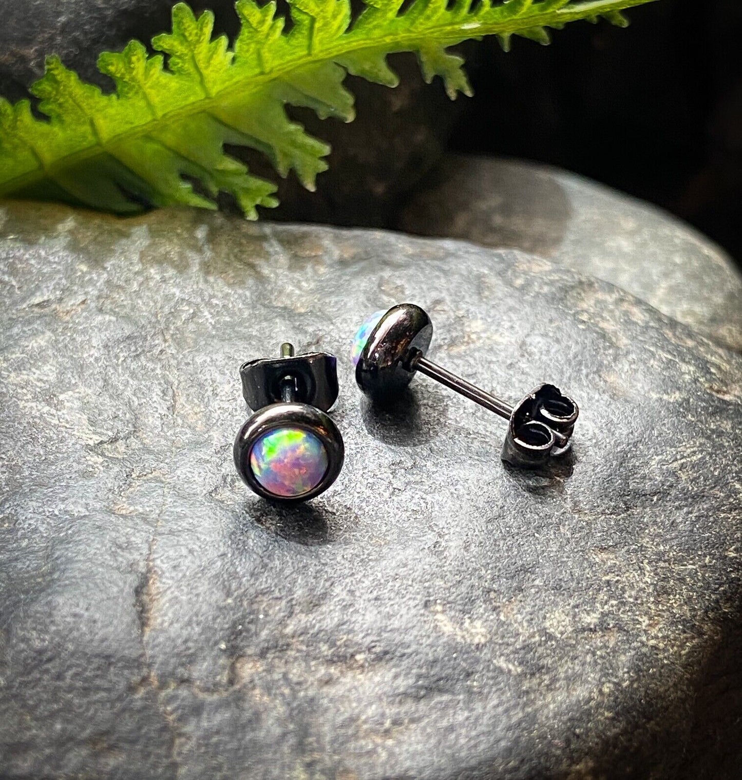 PAIR Bezel Set Opal 316L Surgical Steel Earrings - choose from 18 color combos! (Color: Purple / Black)