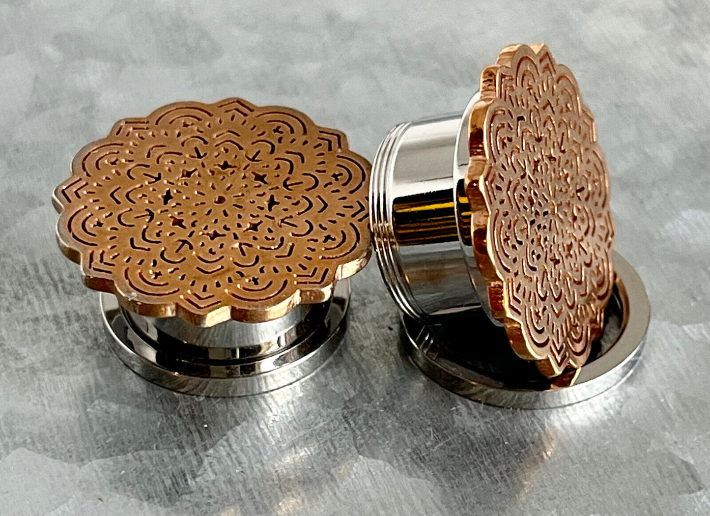 PAIR Rose Gold Tribal Flower Design Steel Screw Fit Tunnels Plugs Body Jewelry