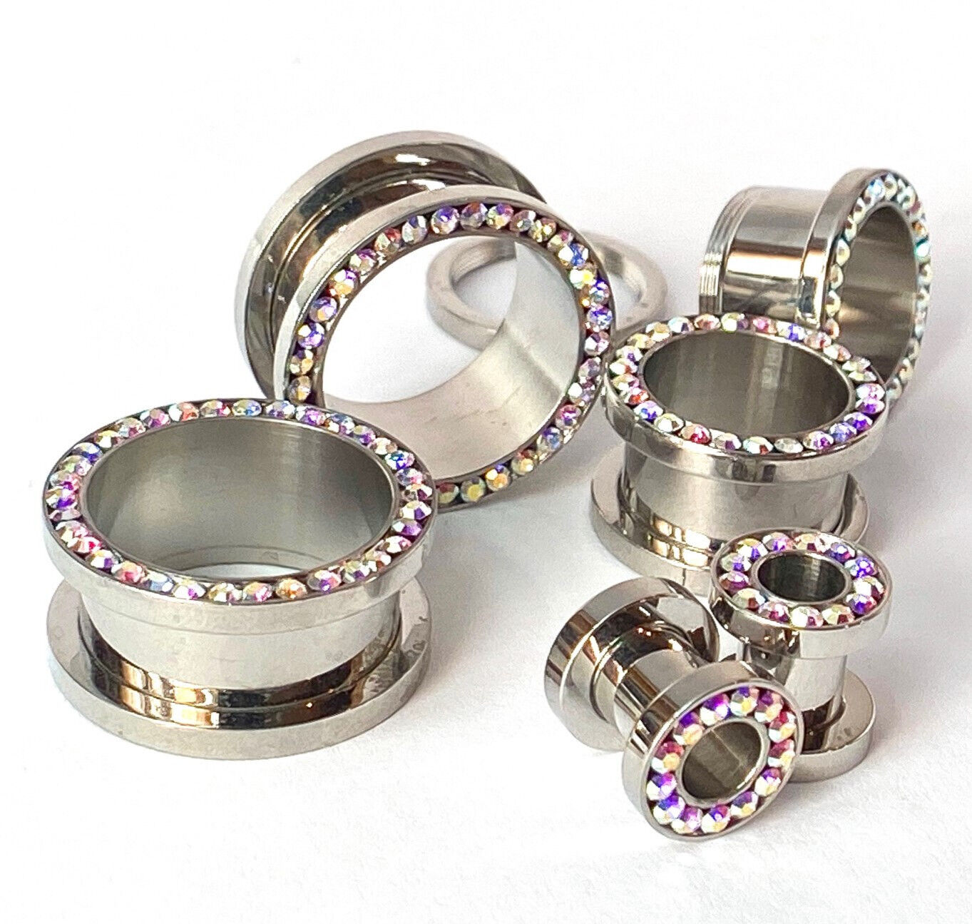 PAIR Aurora Borealis Gem Rimmed 316L Surgical Steel Screw Fit Tunnel Plug Gauges