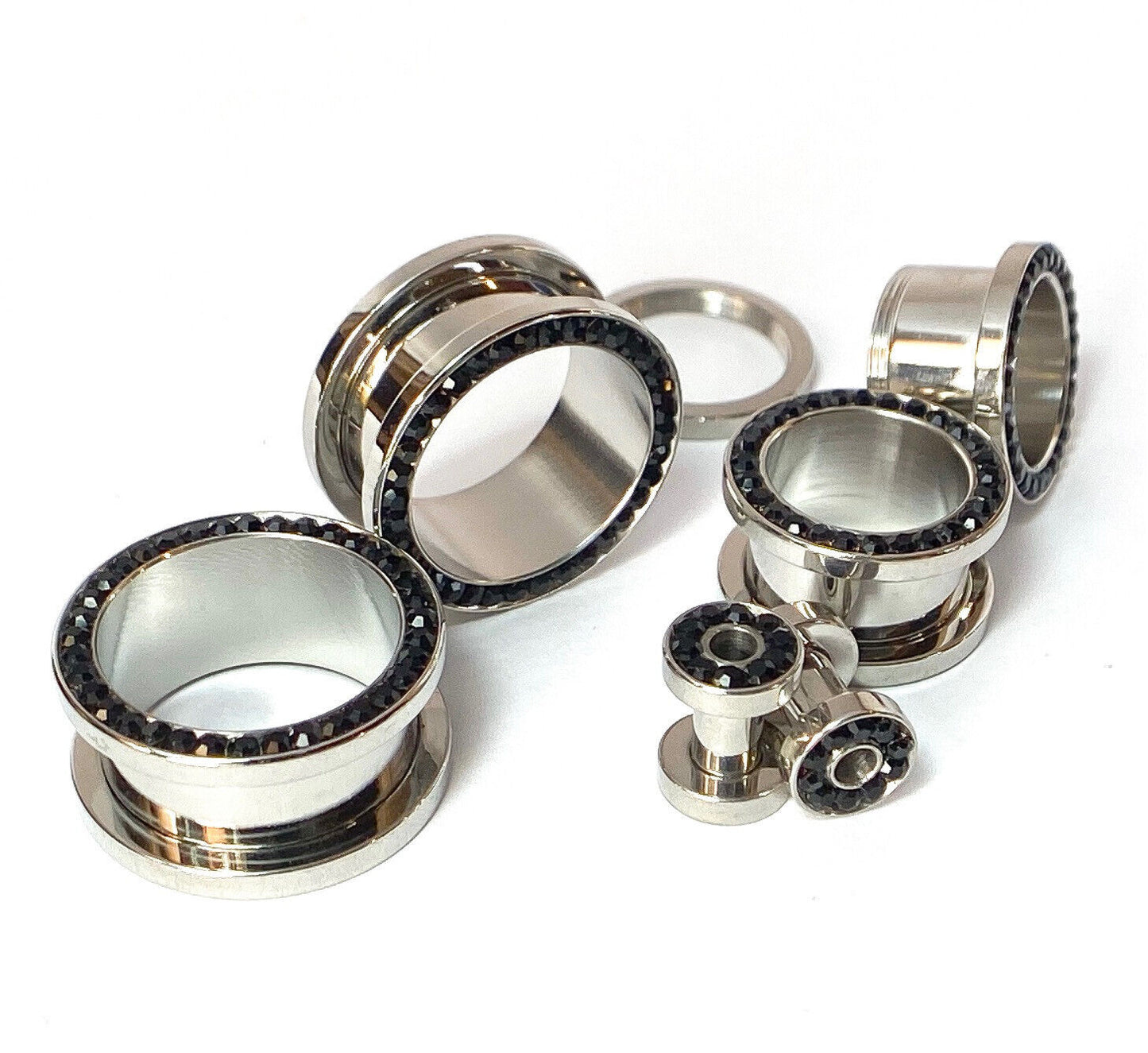 PAIR Black CZ Gem Rimmed 316L Surgical Steel Screw Fit Tunnels Plugs Gauges