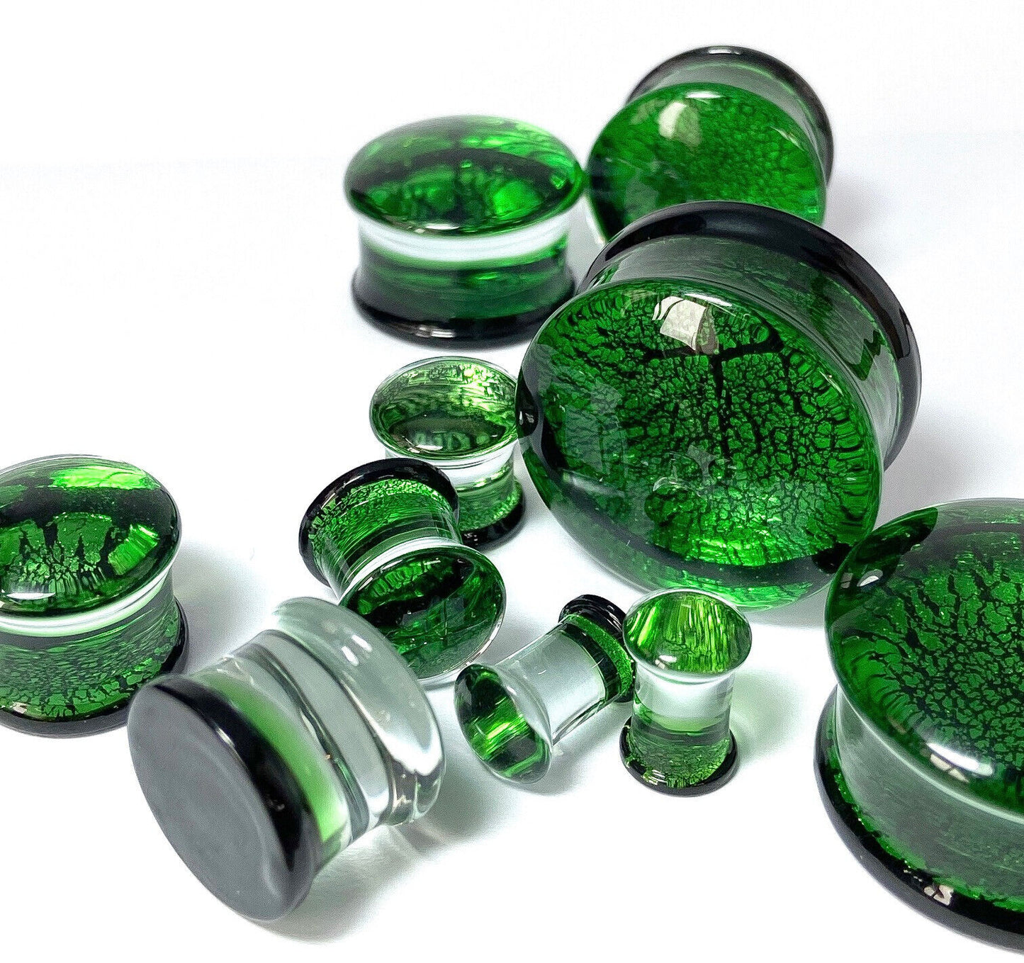 PAIR Green & Black Fracture Design Glass Plugs Double Flare Gauge Body Jewelry