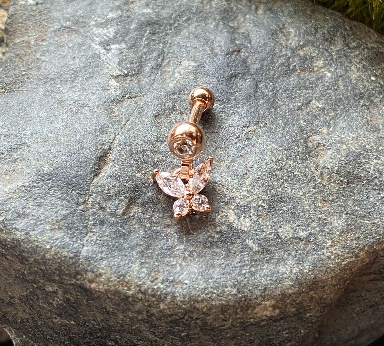 1pc CZ Gem Butterfly Dangle Surgical Steel Tragus Cartilage Barbell Ring 16g 1/4 (Color: Rose Gold)