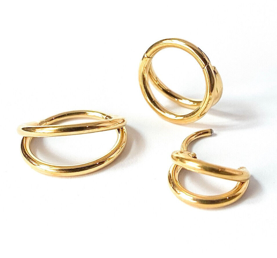 1pc Solid Titanium Double Hoop Hinged Segment Ring Helix Ear Cartilage Septum (Color: Gold)