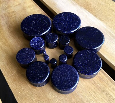 PAIR Blue Midnight Goldstone Stone Plugs Sandstone Gauges - up to 38mm available