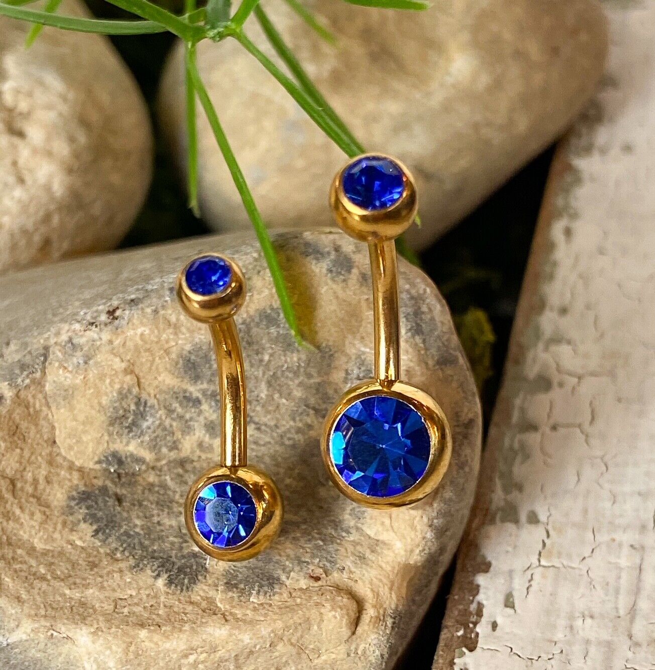 Gold Ion Plated Steel Double CZ Gem Ball Belly Ring Pierced Navel Naval