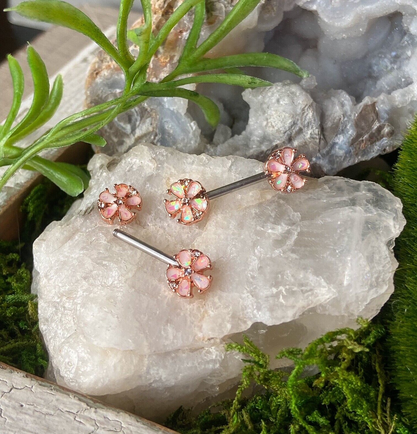 PAIR Opal Glitter Flower Petals Nipple Rings Rose Gold Shields Barbells