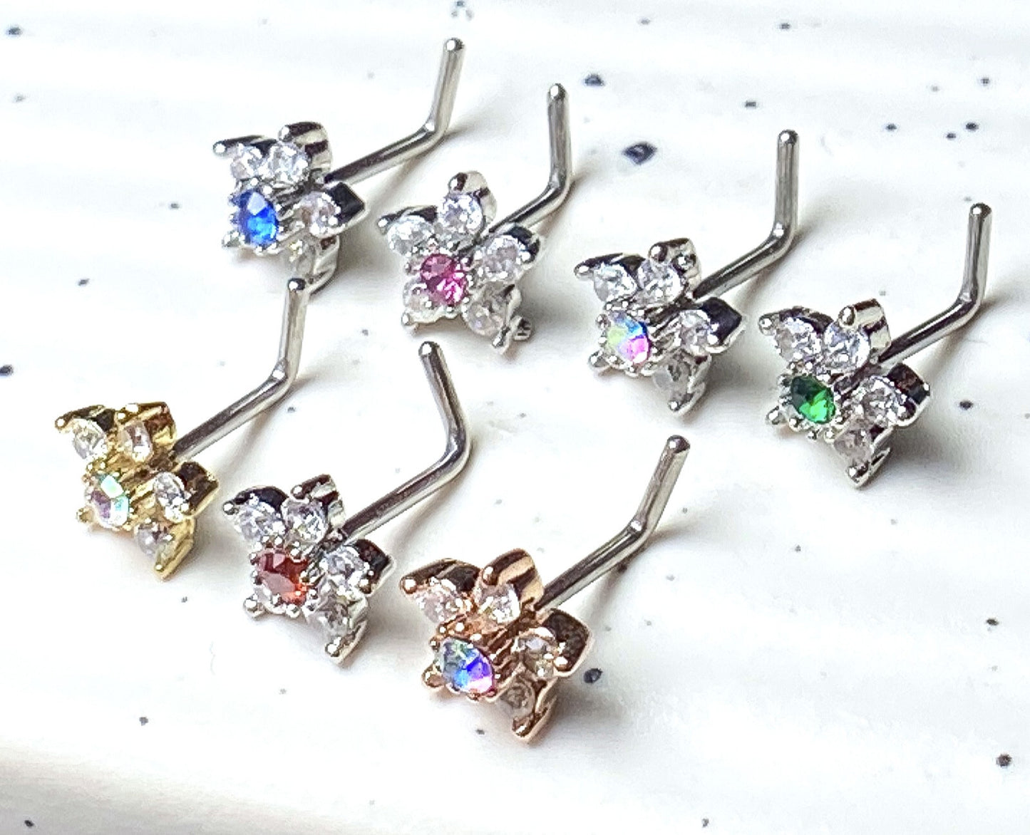 1pc Six CZ Gem Paved Flower Top 20g L-Bend Nose Ring Stud Screw Surgical Steel