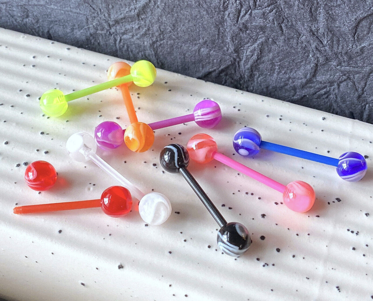 8pc Value Pack Marble Swirl Tongue Rings 14g Tounge Body Jewelry No Metal