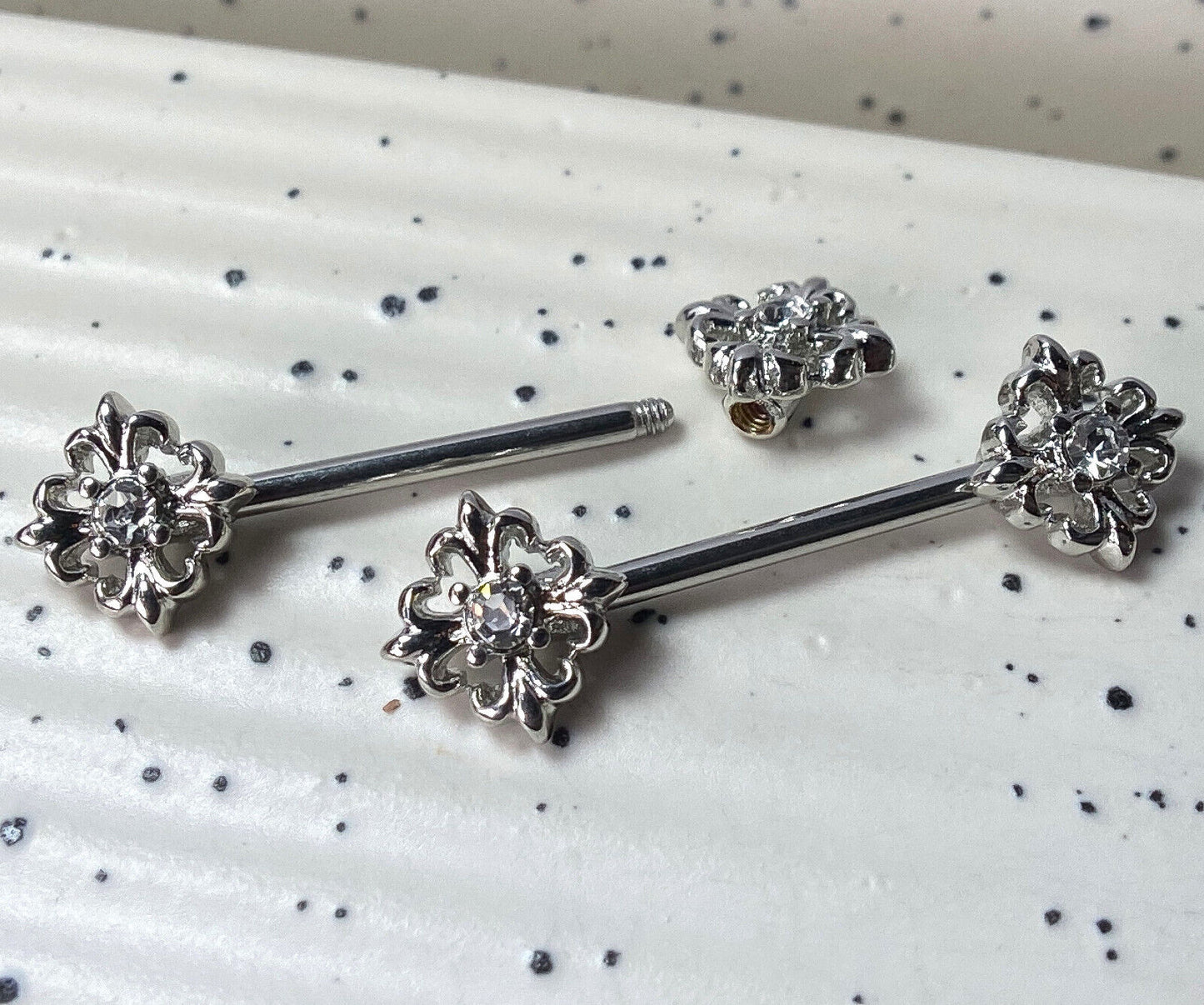 PAIR Fleur De Lis CZ Gem 14g Nipple Ring Barbells Shields Body Piercing Jewelry