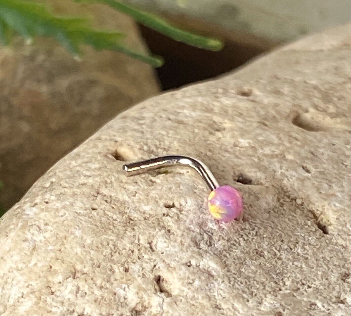 1pc 14kt White Gold 20g Opal Ball L-Bend Nose Ring Nostril Piercing Stud Screw