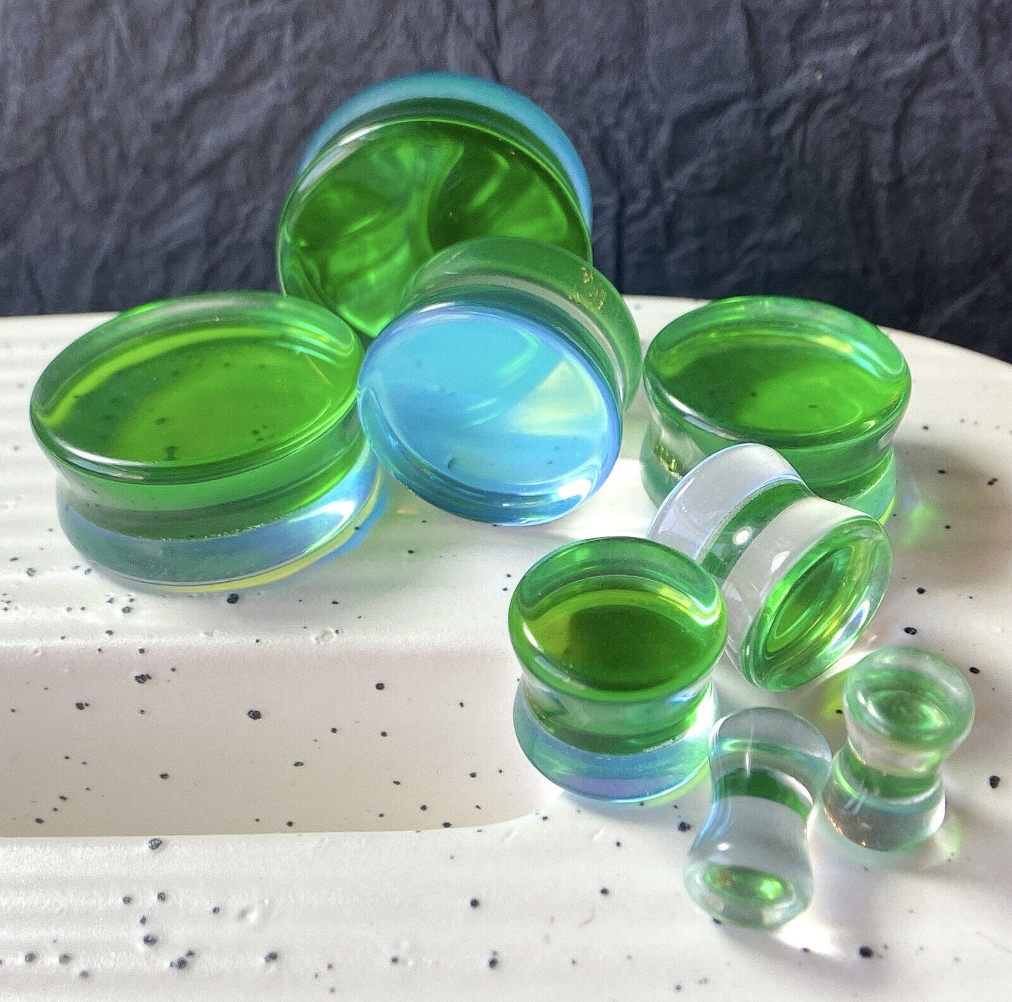 PAIR Green Iridescent Glass Double Flare Plugs Gauges Tunnels Body Jewelry